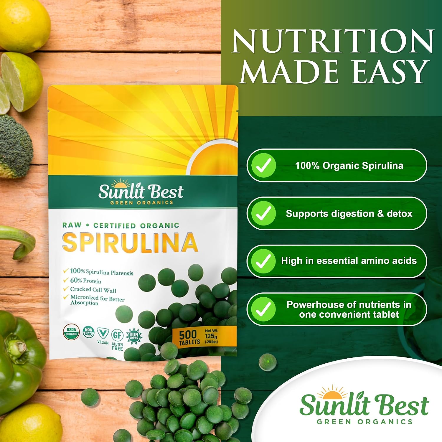 Sunlit Best Organic Spirulina Tablets, Pure Natural Superfood Pills 1000 CT | USDA Certified, 60% Vegan Protein, 18 Amino Acids, Chlorophyll Antioxidants Enzymes, Non GMO, Immune Liver & Energy Support