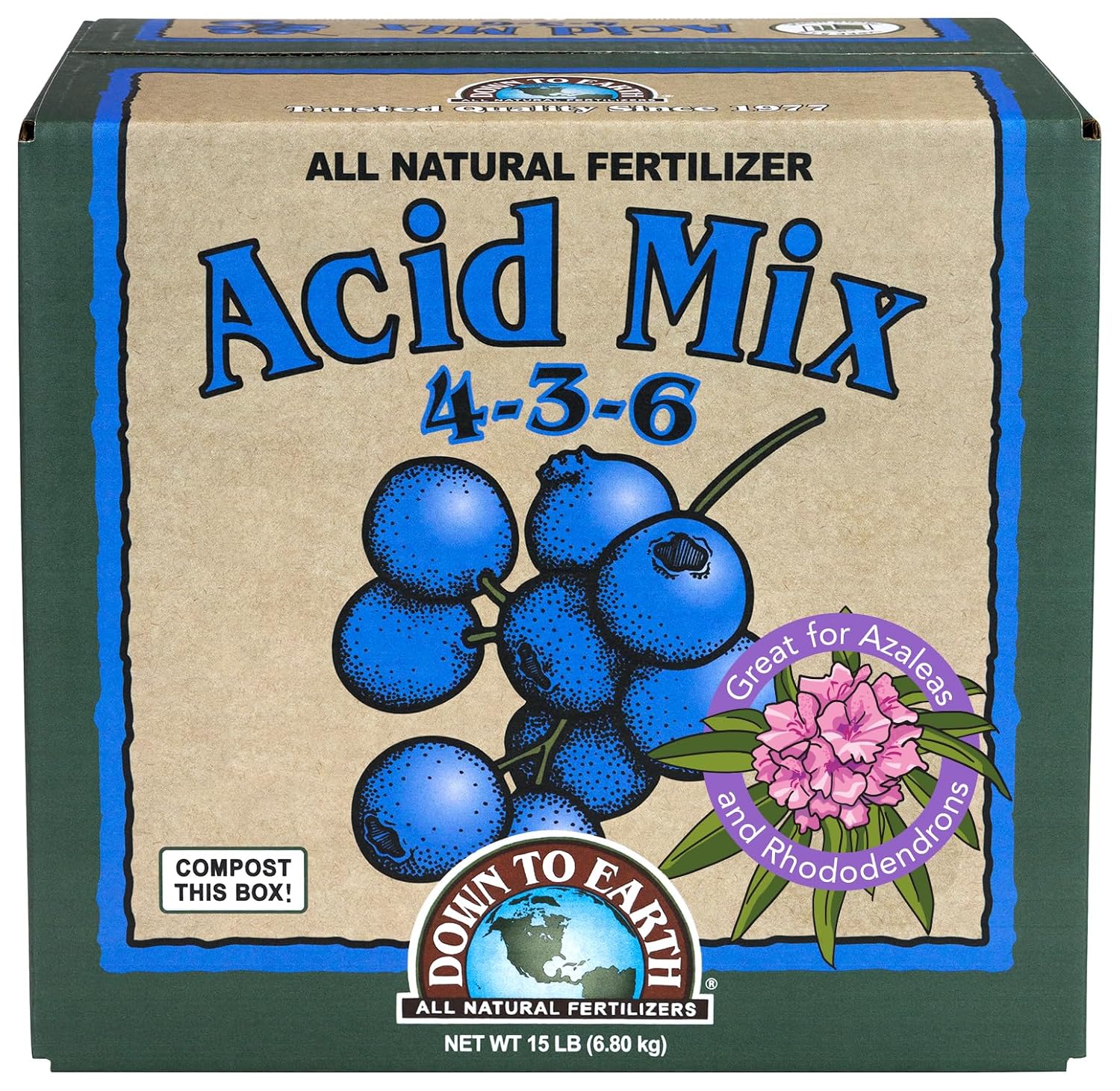 Down To Earth All Natural Fertilizers Organic Acid Mix - 4-3-6, 1 lb | Plant Food for Blueberries, Raspberries, Azaleas, Camellias, Rhododendrons, Hydrangeas, Evergreens and Acid-Loving Plants