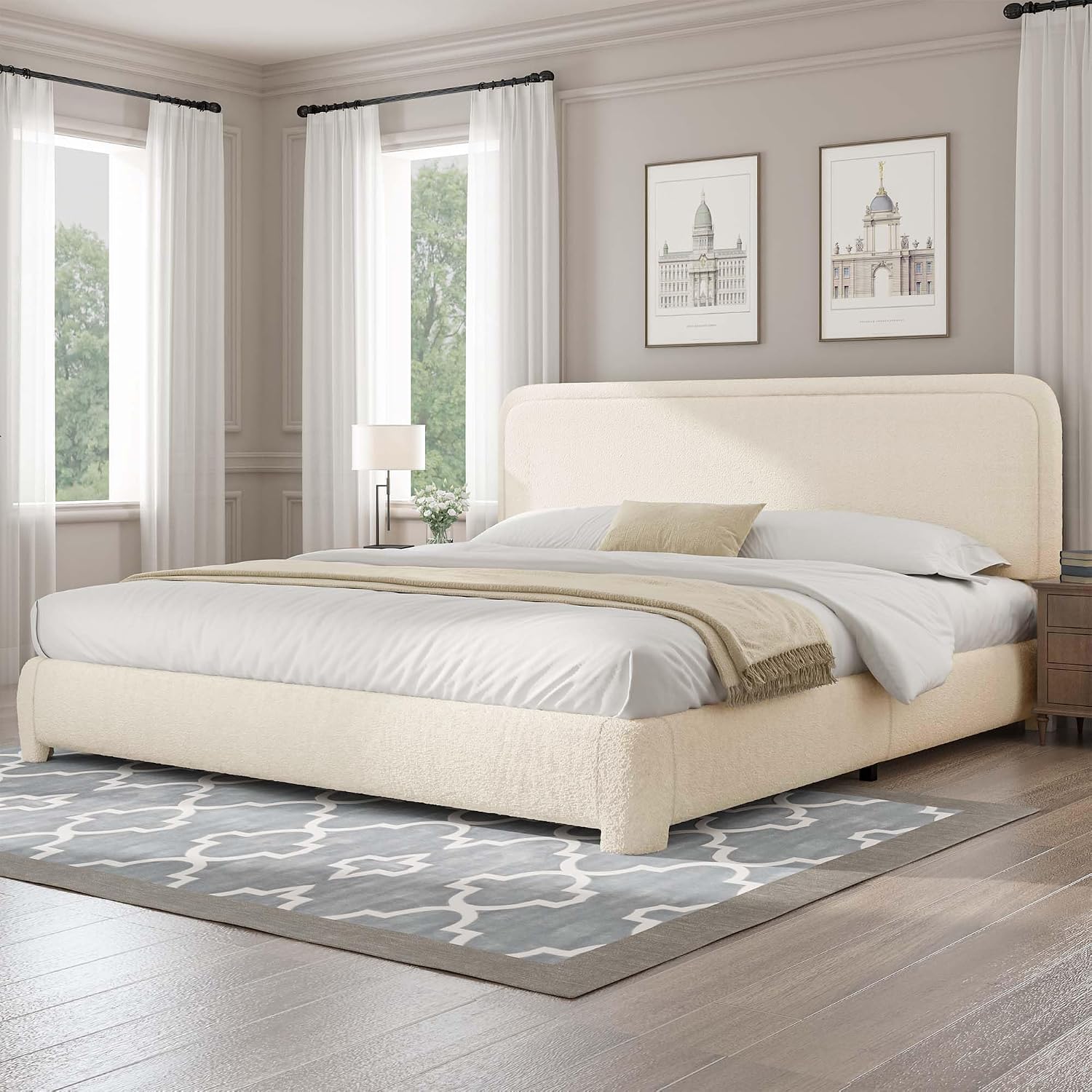 BarnFurin Full Bed Frame, Cloud Boucle Headboard, Rounded Corners, White | Soft boucle and rounded edges create a low-profile cloud look. Wooden slats support the mattress without a box spring