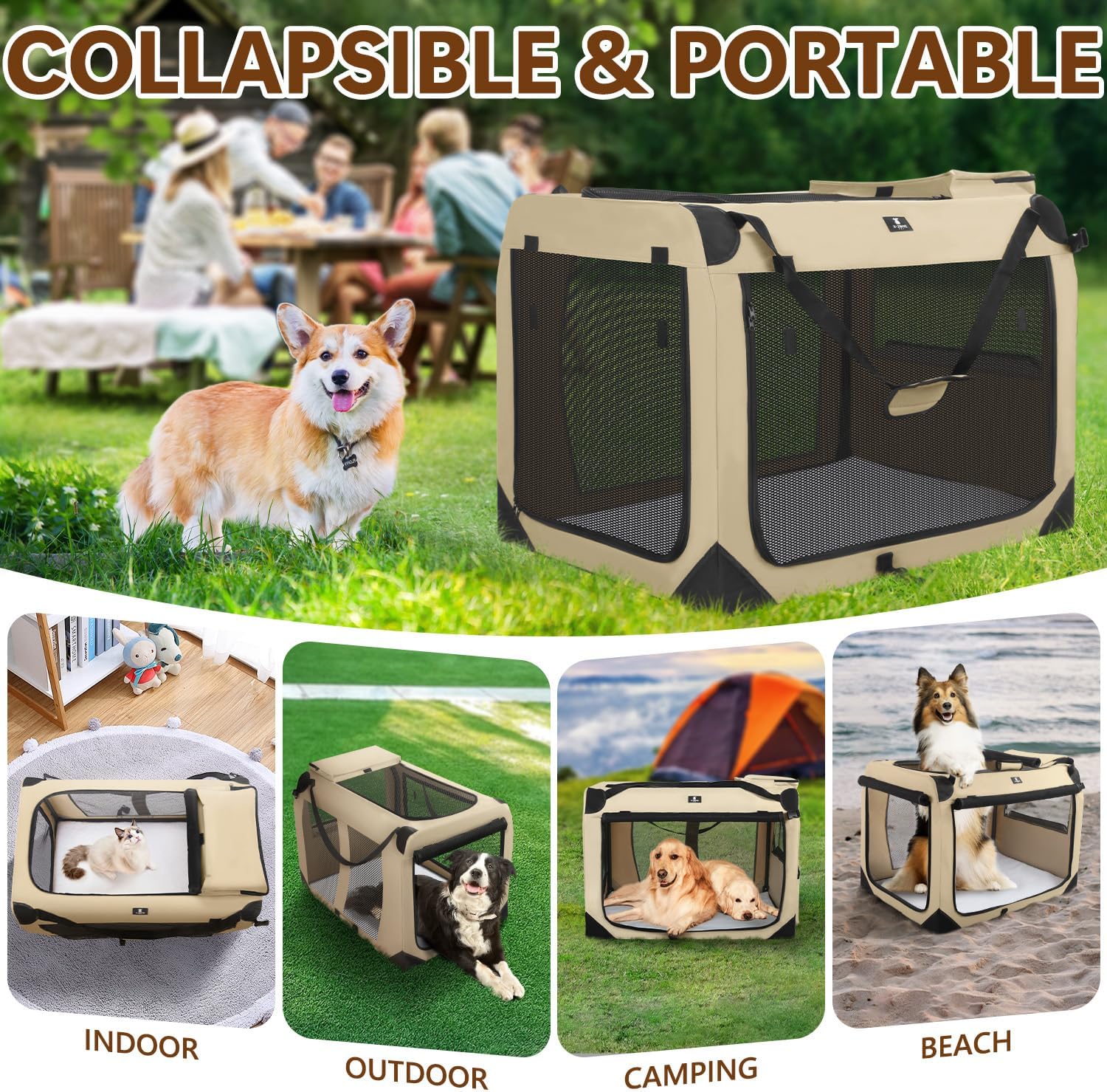 X-ZONE PET Dog Crate 3-Door Kennel, Collapsible Portable Soft Sided Pet Carriers for Indoor & Outdoor, Multiple (32-Inch, Carbon Black)