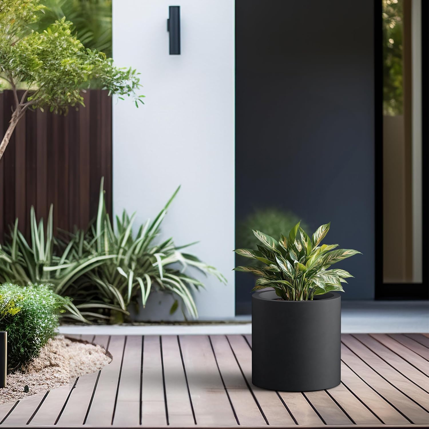 Kante Large Round Cylinder Charcoal Concrete Planter 15.8" Tall, Outdoor