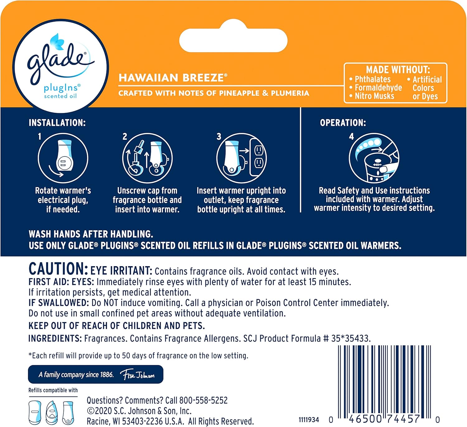 Glade PlugIns Refills Air Freshener, Scented and Essential Oils for Home and Bathroom, Cashmere Woods, 2.01 Fl Oz, 3 Count