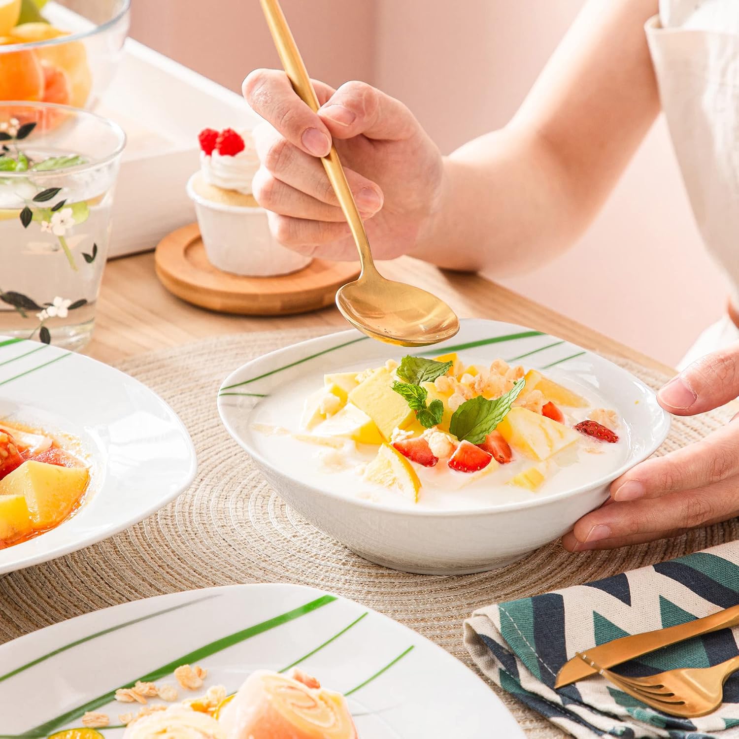 VEWEET 30 PCS Ceramic Dinnerware Sets for 6, Pink Floral Dish Set, ANNIE | Porcelain Dinner Set Including Dessert Plates, Soup Plates, Dinner Plates, Cups & Saucers, Microwave & Dishwasher Safe