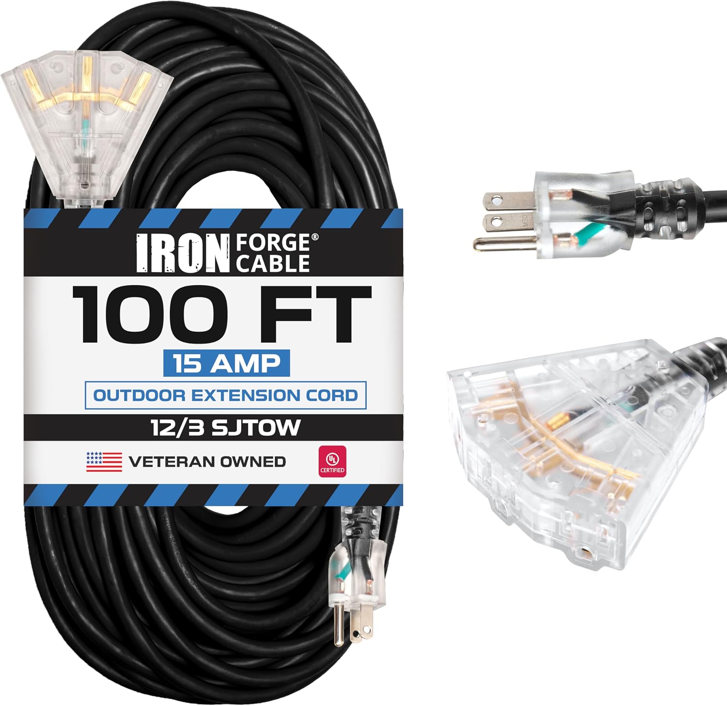 Iron Forge Cable 12 Gauge Extension Cord Multi Outlet, 10 Ft - Black SJTW