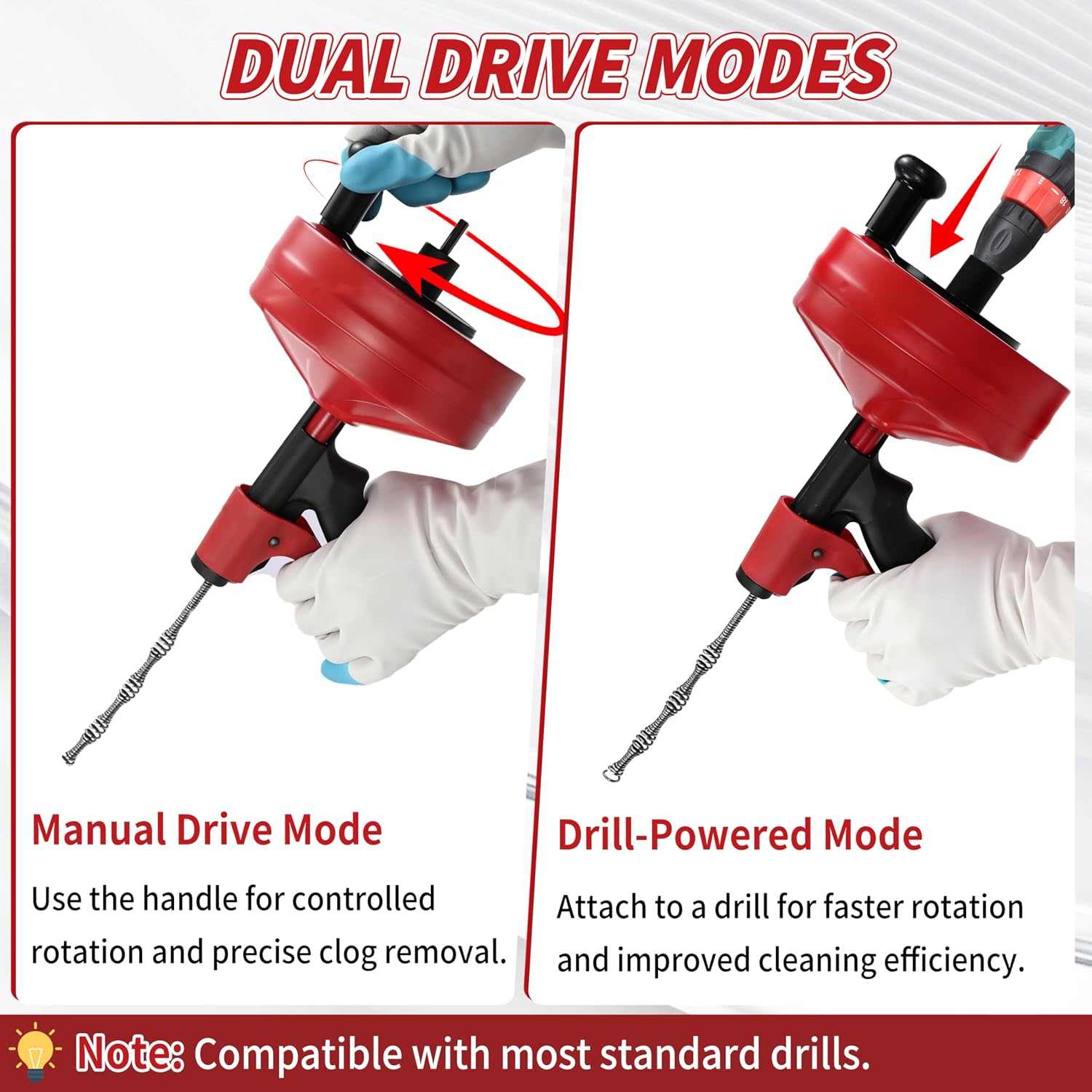 Drain Snake 25 Ft with Drill Attachment, Auto Feed 1/4 Inch Plumbing Snake for Sink, Shower & Tub Clogs, Manual or Drill-Powered Drain Auger, with Gloves, Safety Glasses & Storage Bag