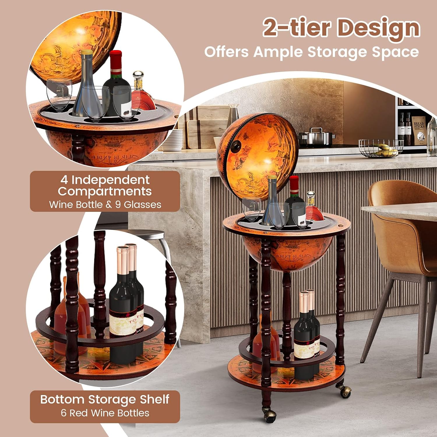 FANTASK 17” Globe Wine Bar Stand Cart, 16th Century Italian Replica Storage Shelf w/Wheels & Bottom Shelf