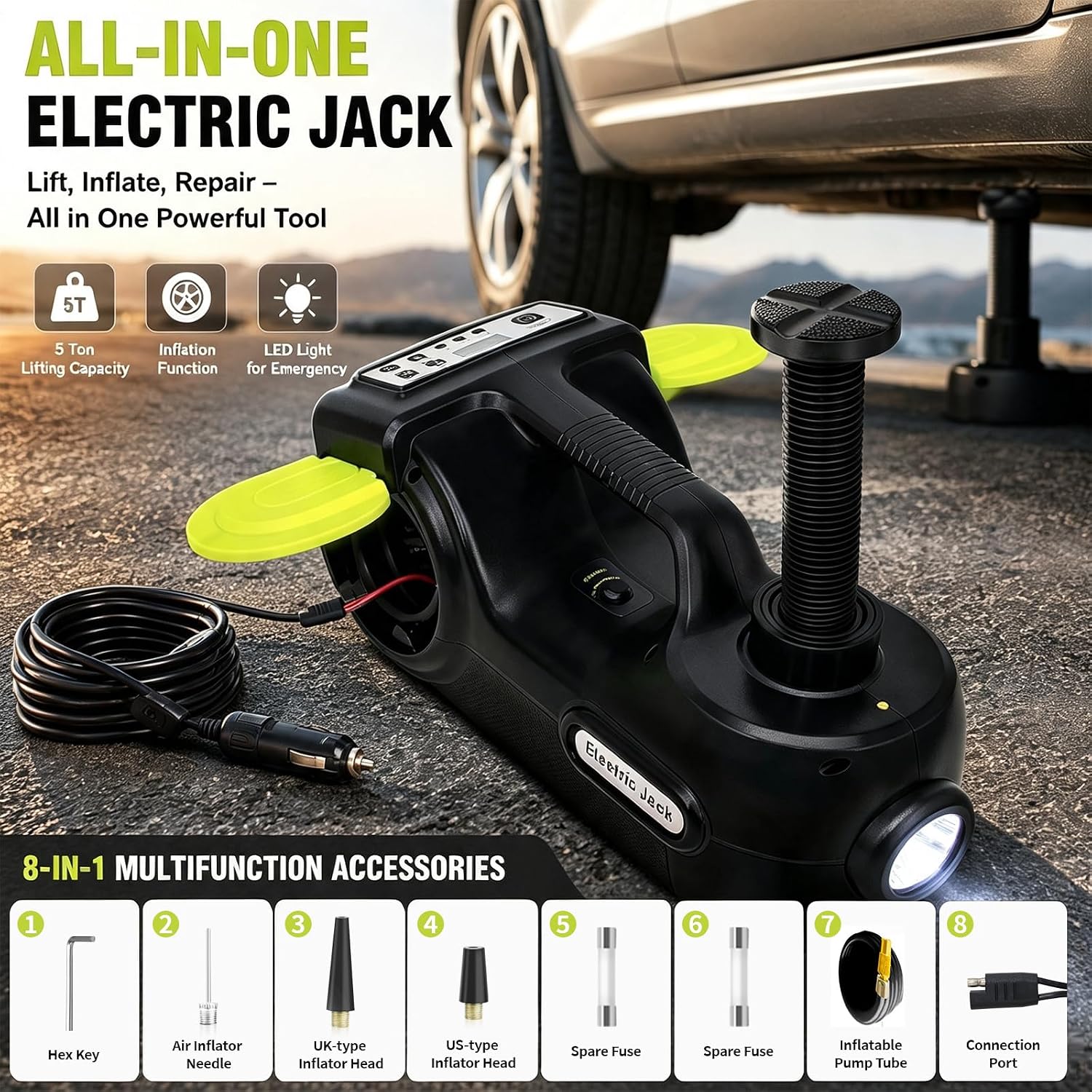 E-HEELP Electric Car Jack Kit 5 Ton 12V with Impact Wrench, 6.1-17.7 in