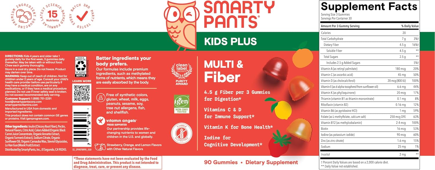 SmartyPants Kids Multivitamin Gummies and Fiber Supplement: Vitamin D3, C, Vitamin B12, B6, A, Zinc, Biotin, Inositol, Fiber Gummies, Three Fruit Flavors, 120 Count (30 Day Supply)