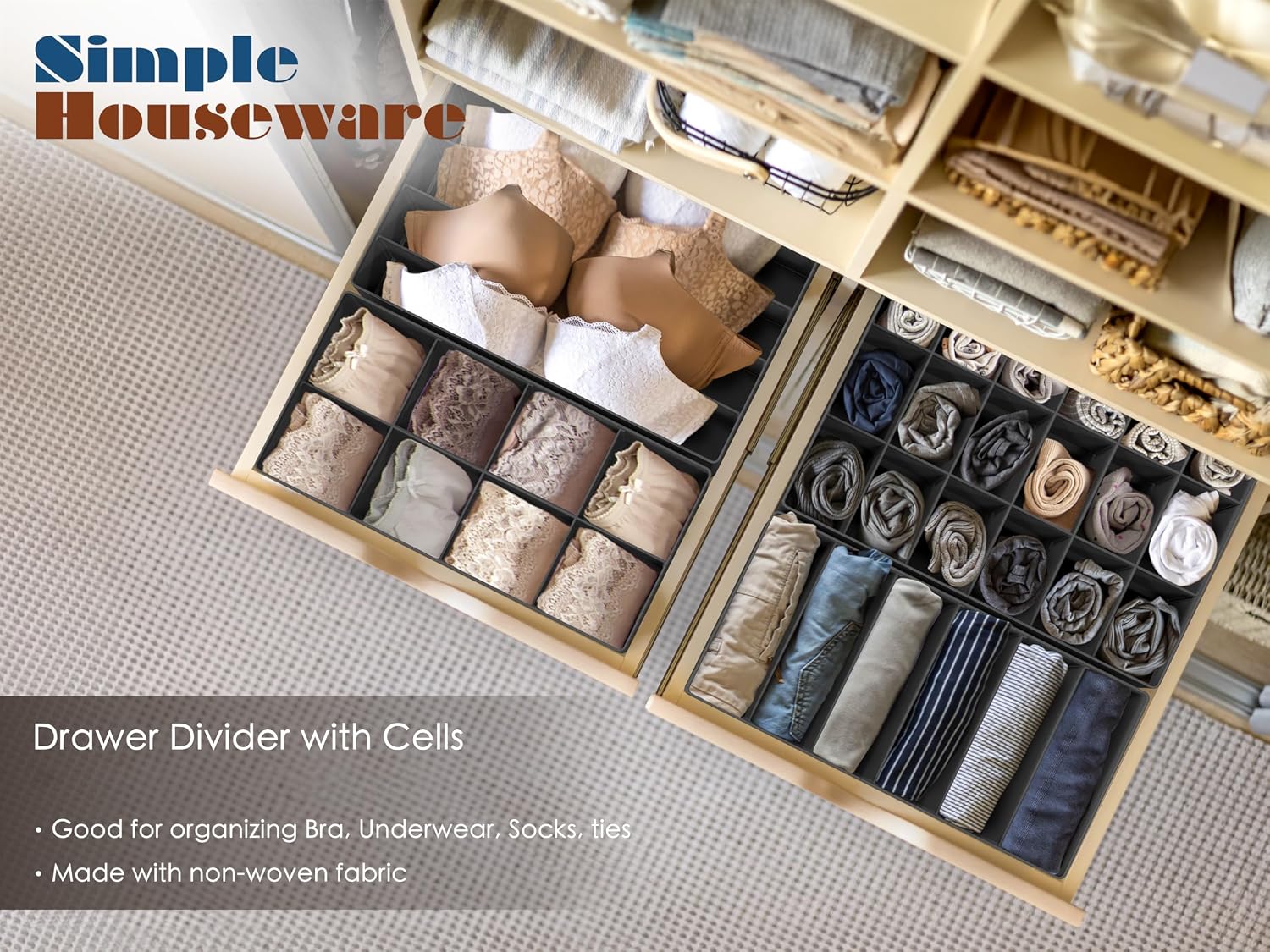 Simple Houseware 4-Pack Drawer Organizer Set for Underwear/Socks/Bra, Gray | Closet Dividers for Underwear, Socks, Bras, Scarves, Ties - Foldable Non-Woven Storage Boxes