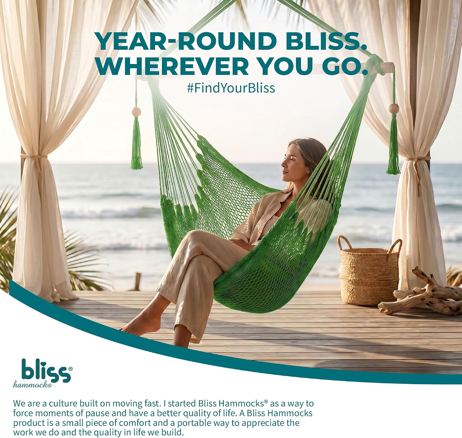 Bliss Hammocks BHC-412NT Island Rope Hammock Chair, Eco Friendly & Hand Woven, Varnish Coated 40 Inch Wood Spreader, Easy to Hang w/Included Hanging Kit, Supports up to 265 pounds, Natural Rope