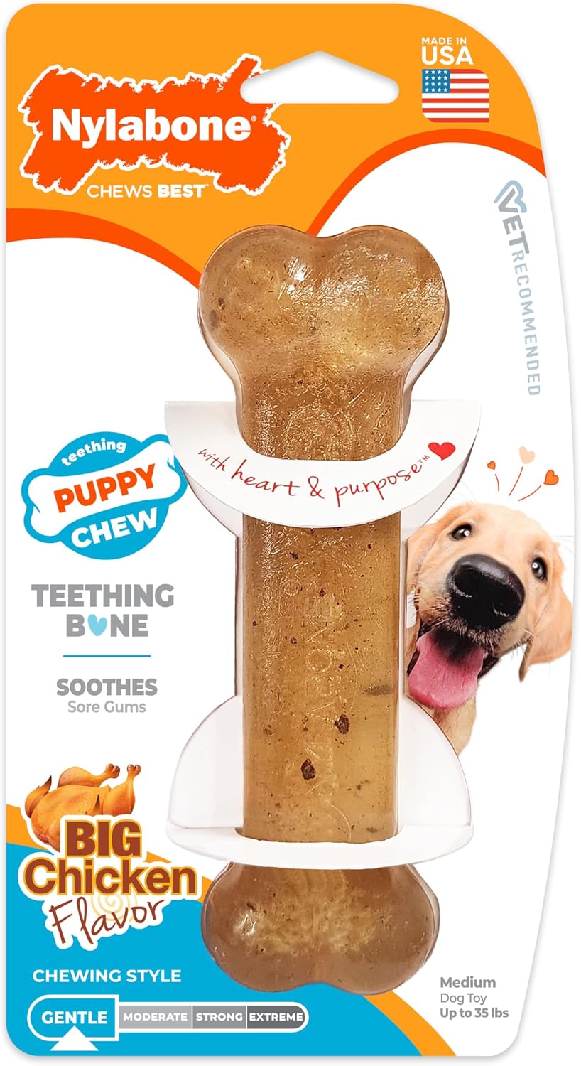 Nylabone Puppy Chew Teething Ring Bone Dog Toy, Chicken Flavor, X-Small | Soothing teething toys for puppies, puppy enrichment, & teething relief, freezable for added comfort, dogs up to 15 lbs