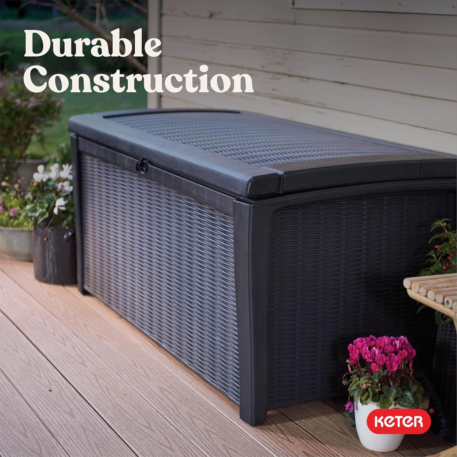 Keter Borneo 110 Gallon Resin Deck Box - Organization and Storage for Patio Furniture, Outdoor Cushions, Throw Pillows, Garden Tools and Pool Toys, Brown | for Patio, Backyard & Garden - Lockable, Organizing, and Waterproof Plastic Container Bench