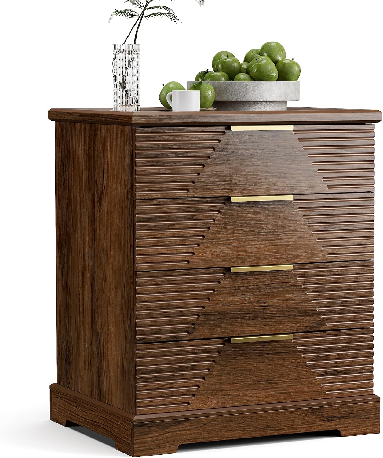 Gyfimoie Tall Nightstand with 4 Drawers Walnut Fluted Bedside Table | Stylish Fluted Design, Rich Walnut Finish, Gold Bar Pulls