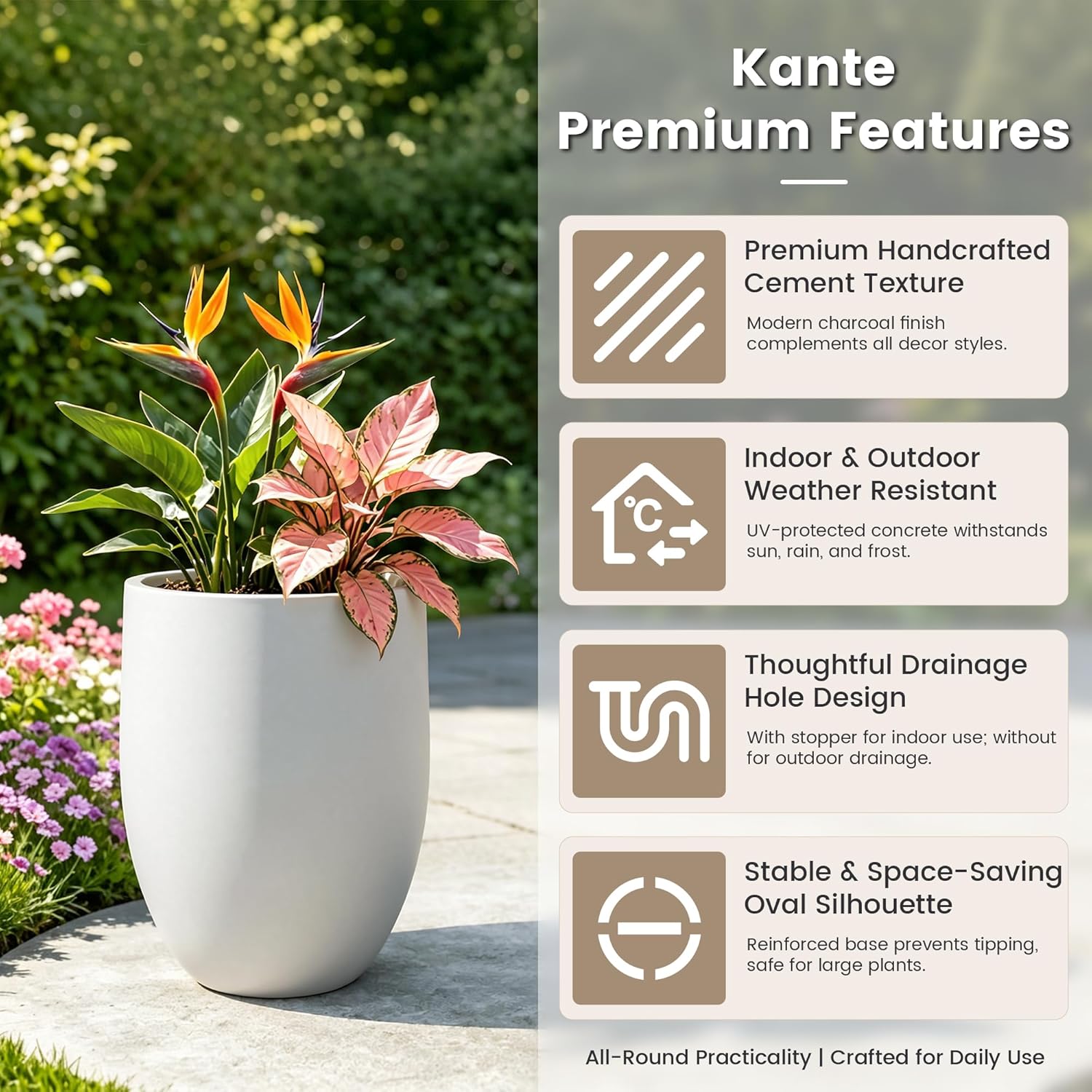 Kante Tall Concrete Planter 21.7" Modern White Floor Pot for Indoor Outdoor