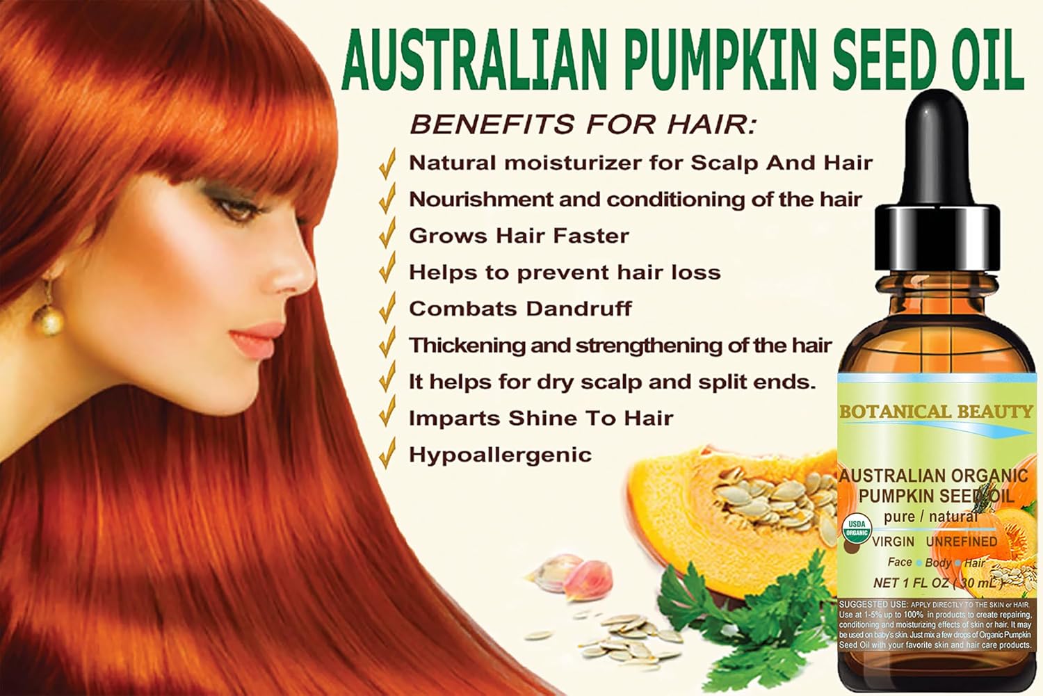 Botanical Beauty Australian ORGANIC PUMPKIN SEED OIL 100% Pure Natural Virgin Unrefined Cold Pressed Carrier Oil. 1 Fl.oz.- 30 ml. for Face, Skin, Hair, Lip, Nails