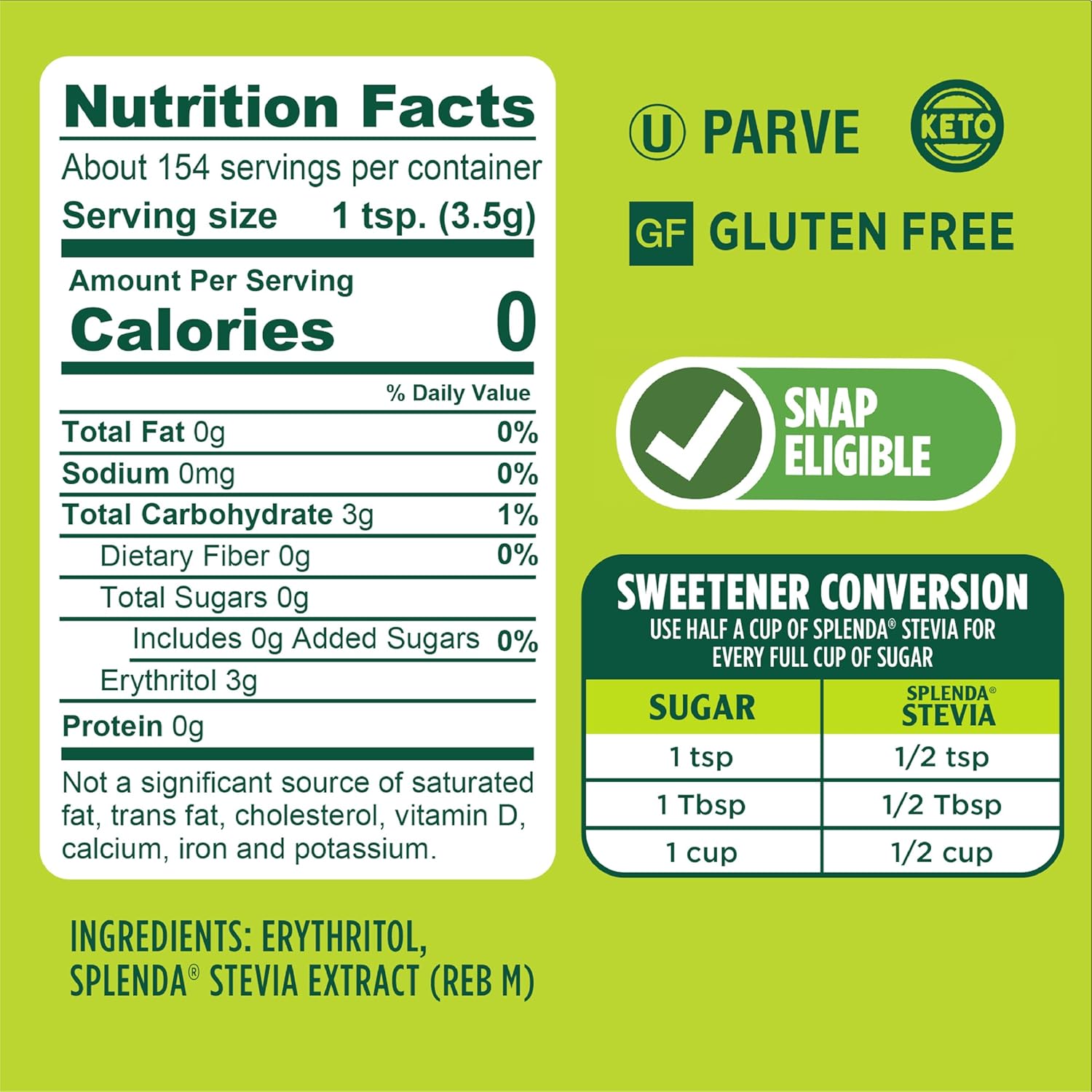 SPLENDA Stevia Zero Calorie Sweetener, Plant Based Sugar Substitute Granulated Powder, 19 oz Jar