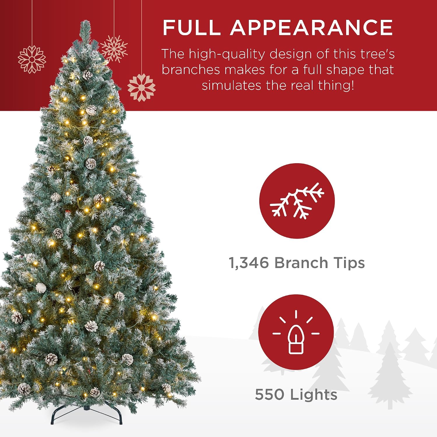 Best Choice Products 7.5ft Pre-Lit Pre-Decorated Pine Artificial Christmas Tree w/Twinkling LEDs, 1, 346 Flocked Frosted Tips, 80 Pinecones