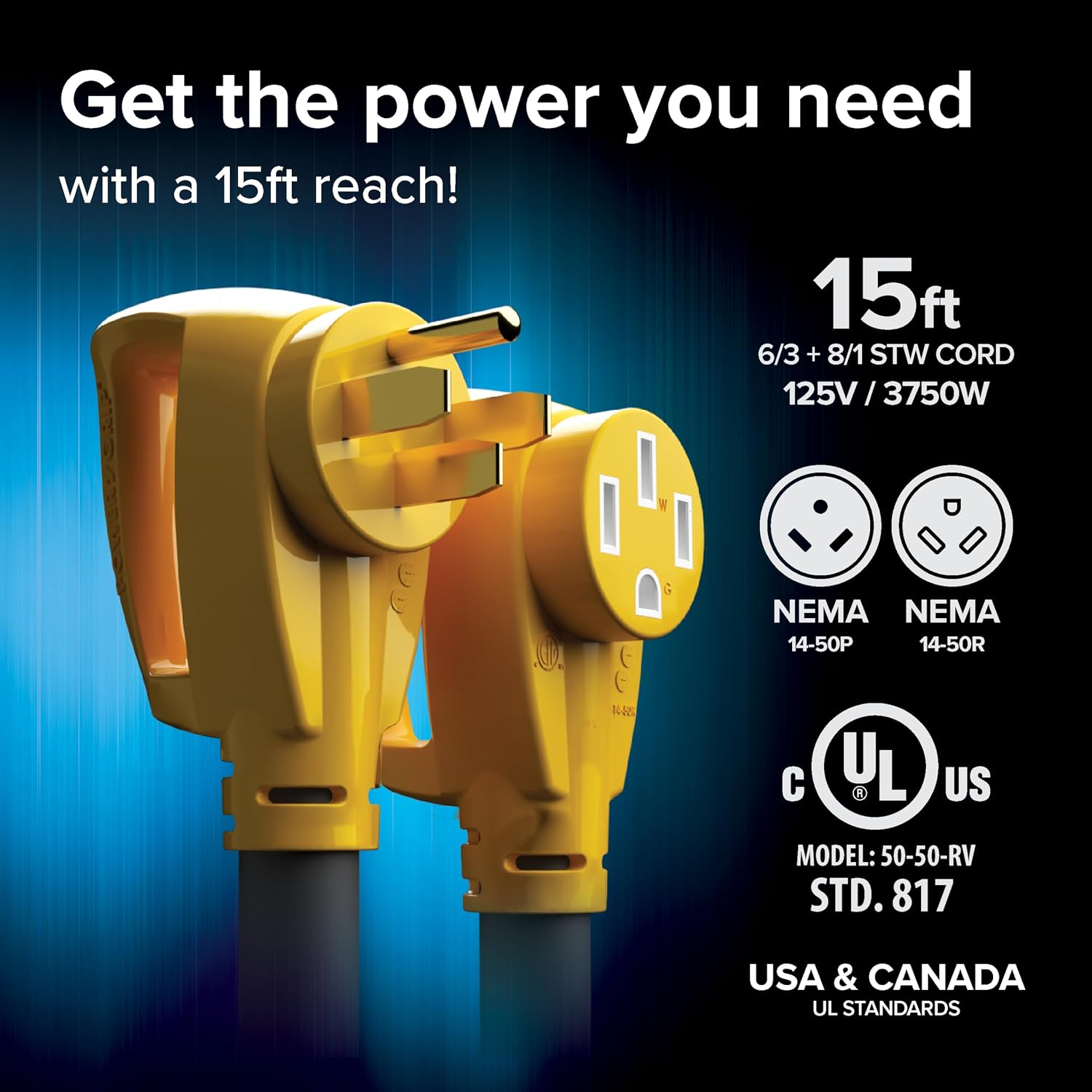 Camco Power Grip 25-Ft 50 Amp RV Extension Cord - NEMA 14-50P Male & FSS2-50R Locking Female Connectors - Rated for 125/250 V/12,500 W - Features Copper 6/3 + 8/1-Gauge Wires for Conductivity (55542)