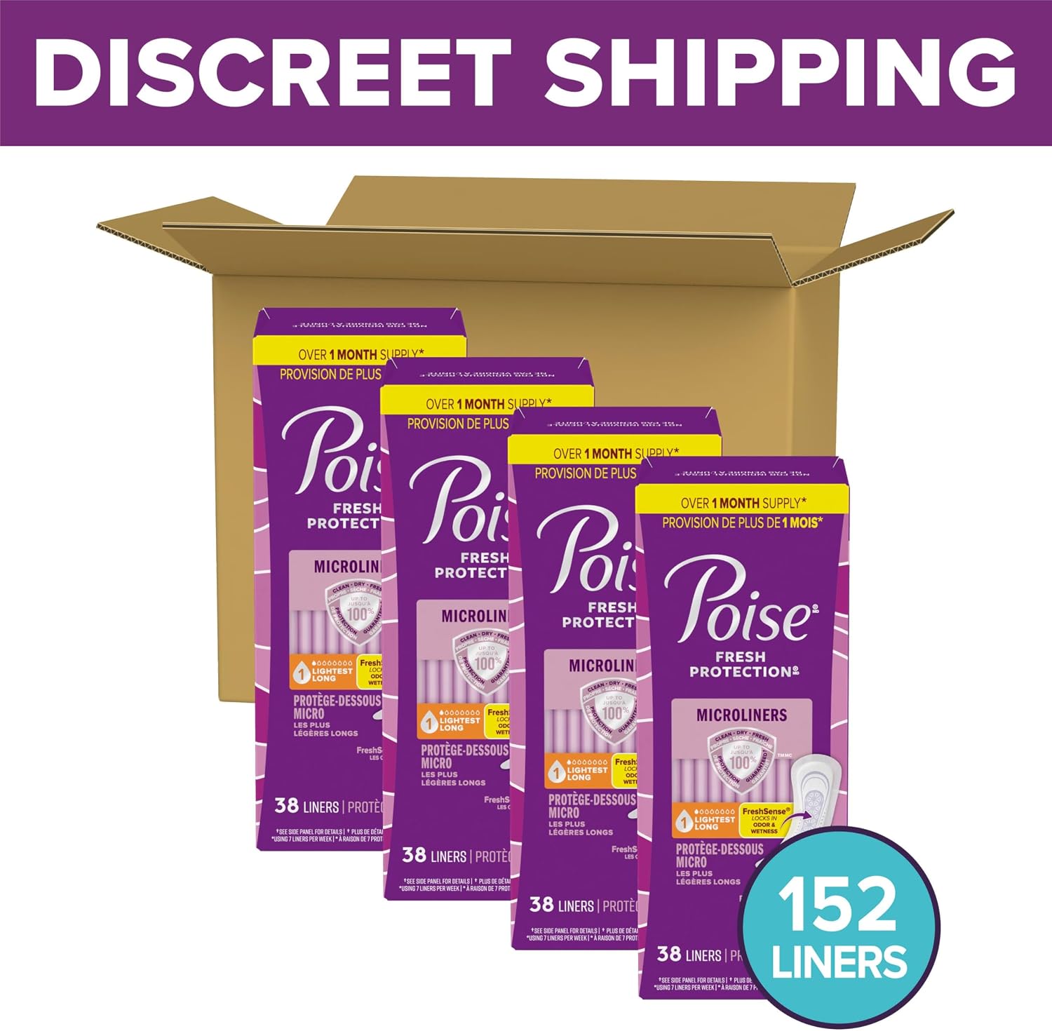 Poise Daily Liners, Incontinence Panty Liners for Bladder Leaks, 2 Drop Very Light Absorbency, Long Length, 264 Count of Pantiliners (6 Packs of 44), Packaging May Vary