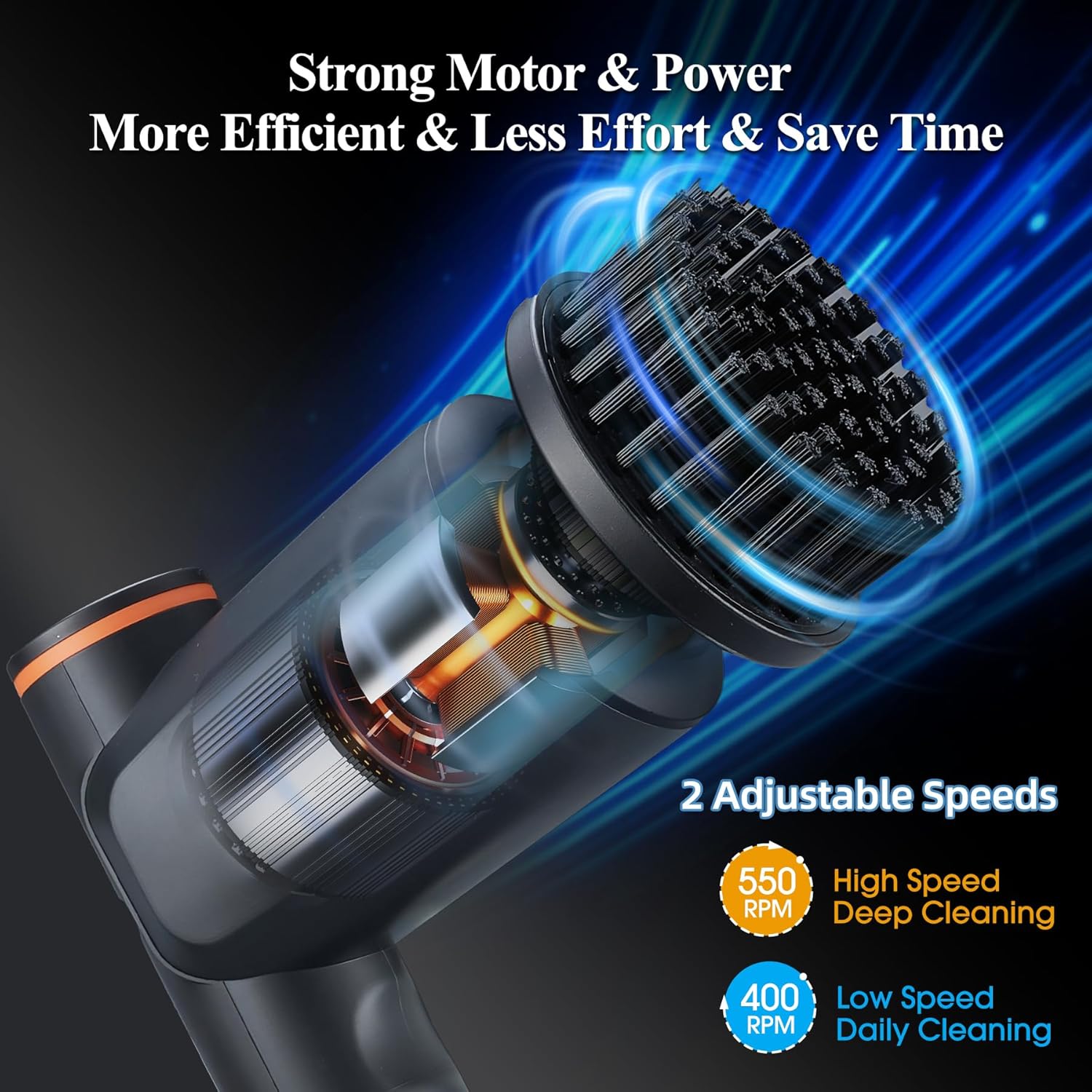 Electric Spin Scrubber, Cordless Shower Scrubber with LCD Display, Upgraded Motor 400/550RPM, 2 Speeds Electric Scrubber with 6 Replaceable Heads