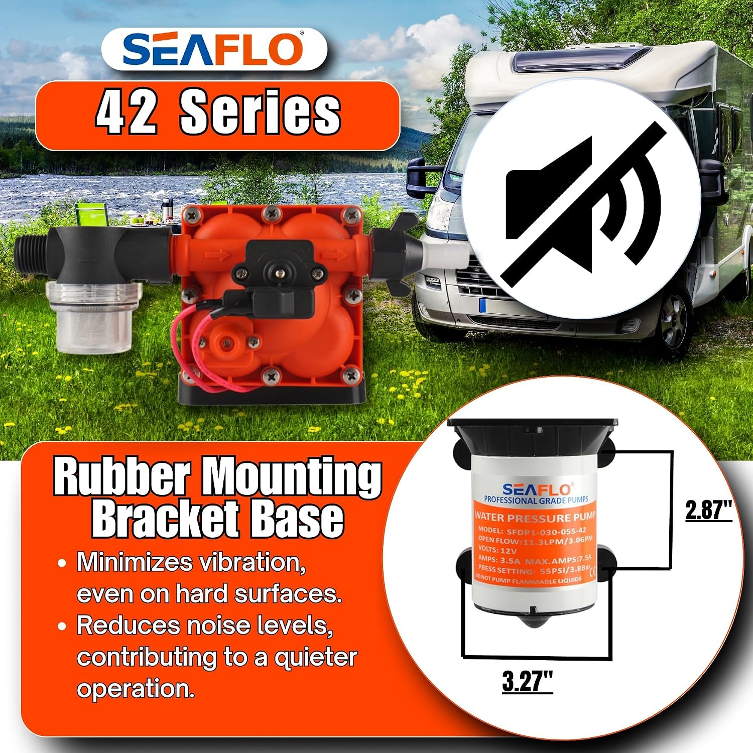 SEAFLO 55 Series 12V RV Water Pump 5.5 GPM 60 PSI Diaphragm Pump Heavy Duty Pressure Switch Built In Bypass Self Priming Quiet High Flow RV Marine Off Grid Freshwater System 4-Year Warranty