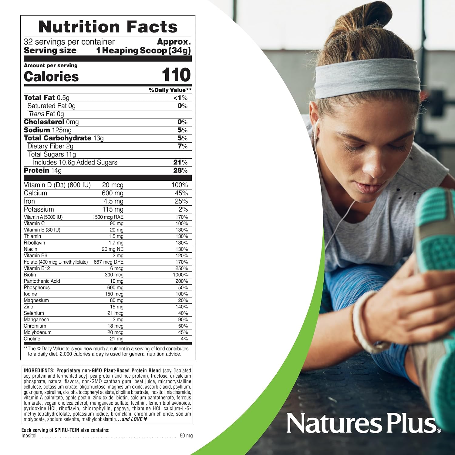 NaturesPlus SPIRU-TEIN, Strawberry - 1.2 lb - Plant-Based Protein Shake - Non-GMO, Vegetarian, Gluten Free - 16 Servings