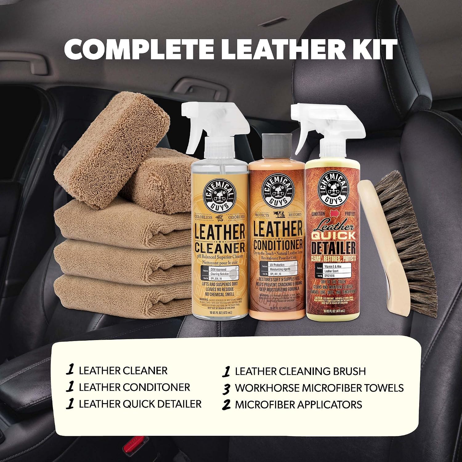 Chemical Guys, 9-Piece Leather Cleaner & Conditioner Kit for Car Interiors | Cleans then conditions seats, furniture, jackets and boots