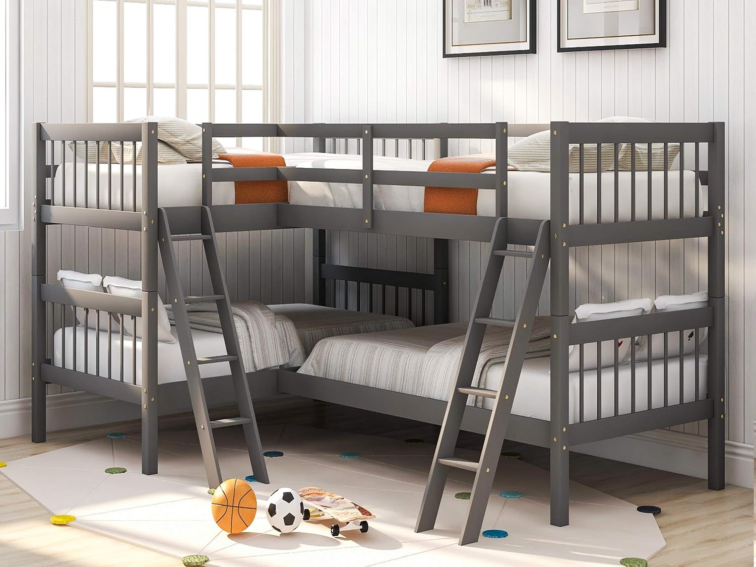 Harper & Bright Designs Twin L-Shaped Bunk Bed with Trundle, Can be Divided into Two L-Shaped Beds, No Spring Box Needed (Grey)