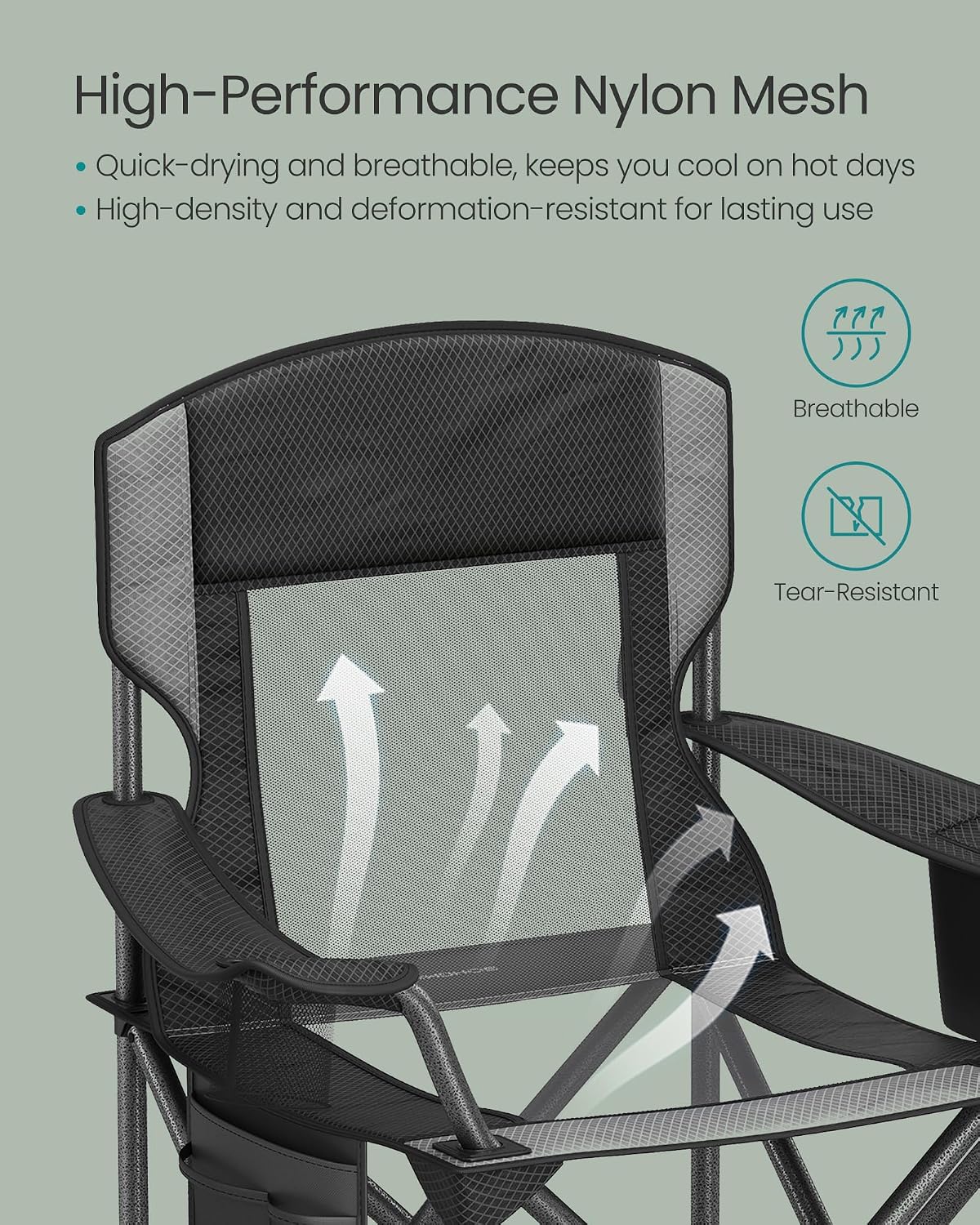 SONGMICS Camping Chair, Folding Oversized Chair, Comfortable and Heavy-Duty, 352 lb Weight Capacity, Adjustable Armrests with Cooler Bag, Storage Bag, Breathable Mesh, Bijou Blue UGCB060Q01