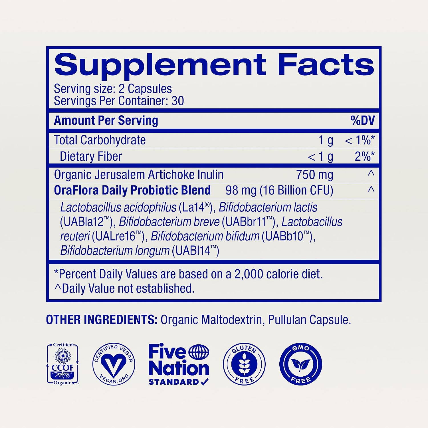 Ora Organic Vegan Probiotic and Prebiotic Capsules | 16 Billion Probiotics + Organic Prebiotics, Dairy-Free, Gluten-Free, for Sensitive Stomachs- 1 Month Supply (60 Capsules)