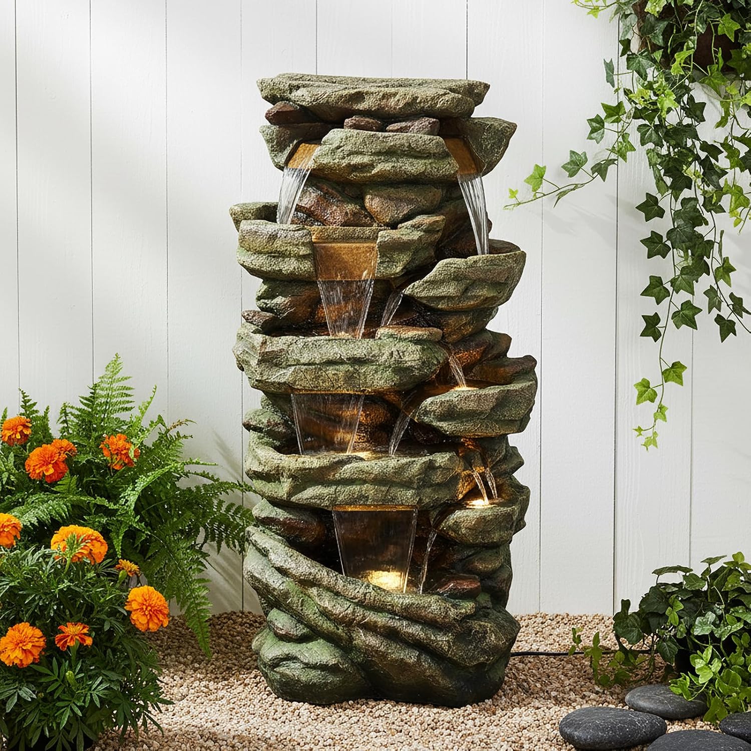 SunJet 40.5” High Rocks Outdoor Water Fountain - 6-Tiers Cascading Waterfall with LED Lights, Soothing Tranquility for Home Garden, Yard Decor