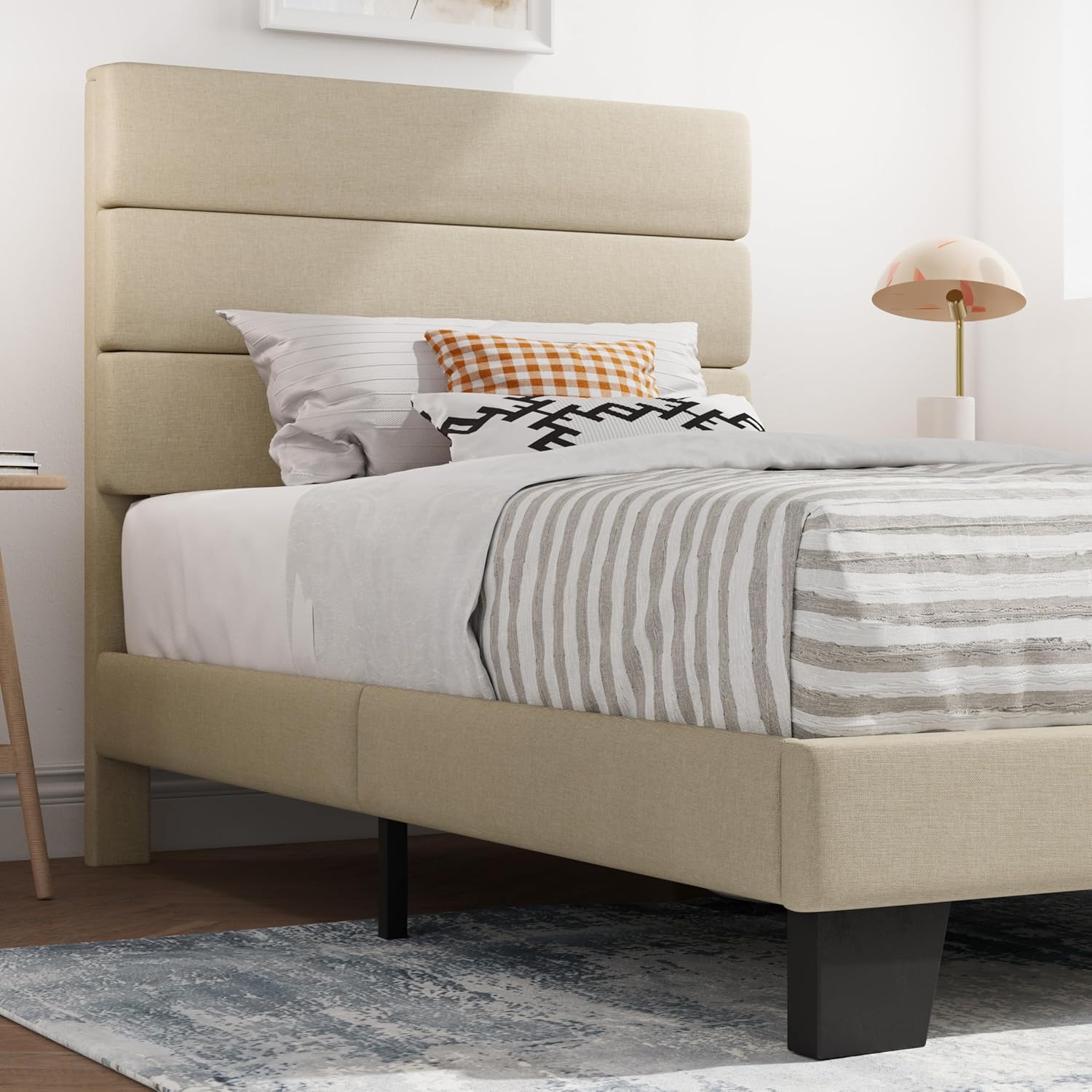 SHA CERLIN Full Platform Bed Frame with Upholstered Fabric Headboard, Grey