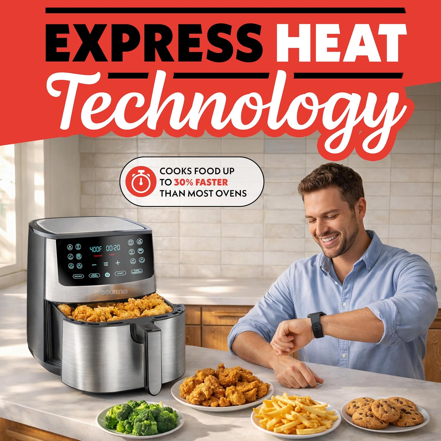 Gourmia Air Fryer Oven Digital Display 8 Quart Large AirFryer Cooker 12 Touch Cooking Presets