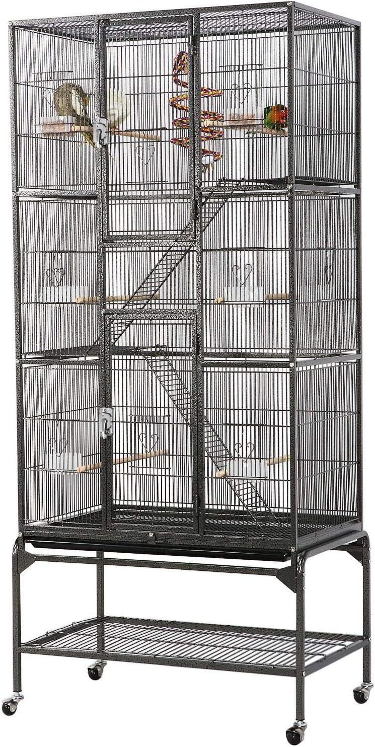 Yaheetech 69" Large Bird Cage for Parakeets, Budgies, 3-Tier Flight Cage | Detachable Rolling Stand, Easy Cleaning Slide-out Tray, Multi-door Access, 0.4'' Bar Spacing, Free Accessories