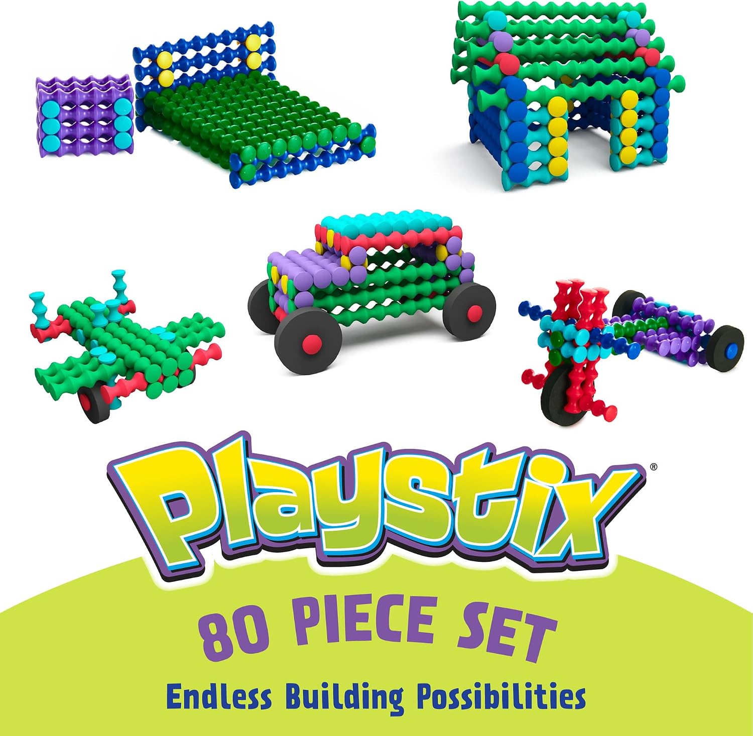 POPULAR PLAYTHINGS Playstix, Starter Set 80 Piece, Building Sticks Kit | for Kids Ages 4 and Up, Construction Stem Building Toy Gift, for Boys & Girls