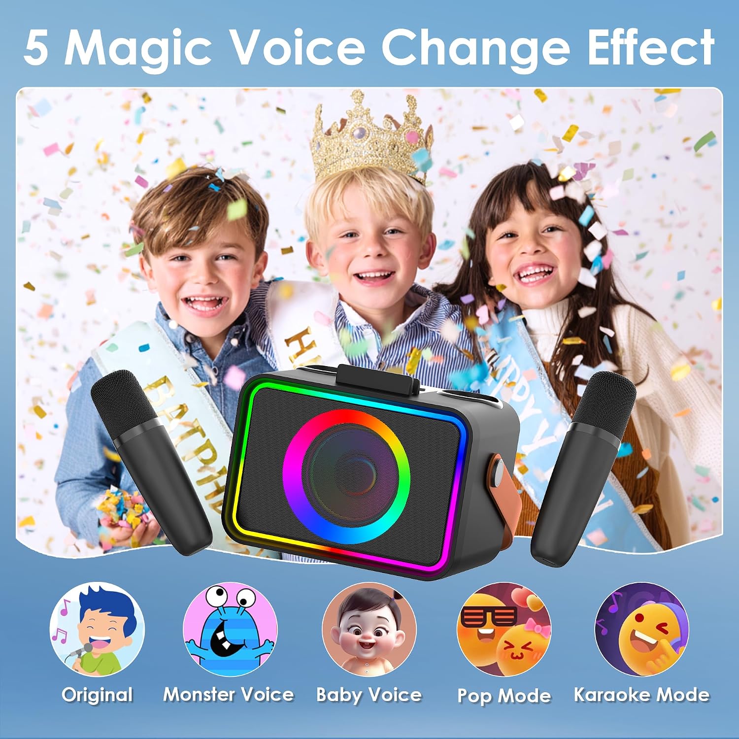 Karaoke Machine for Kids Adults,Portable Bluetooth Speaker with 2 Wireless Microphone with LED Lights, Karaoke Microphone with PA System Supports USB/TF/AUX,Gift for Party (Black)