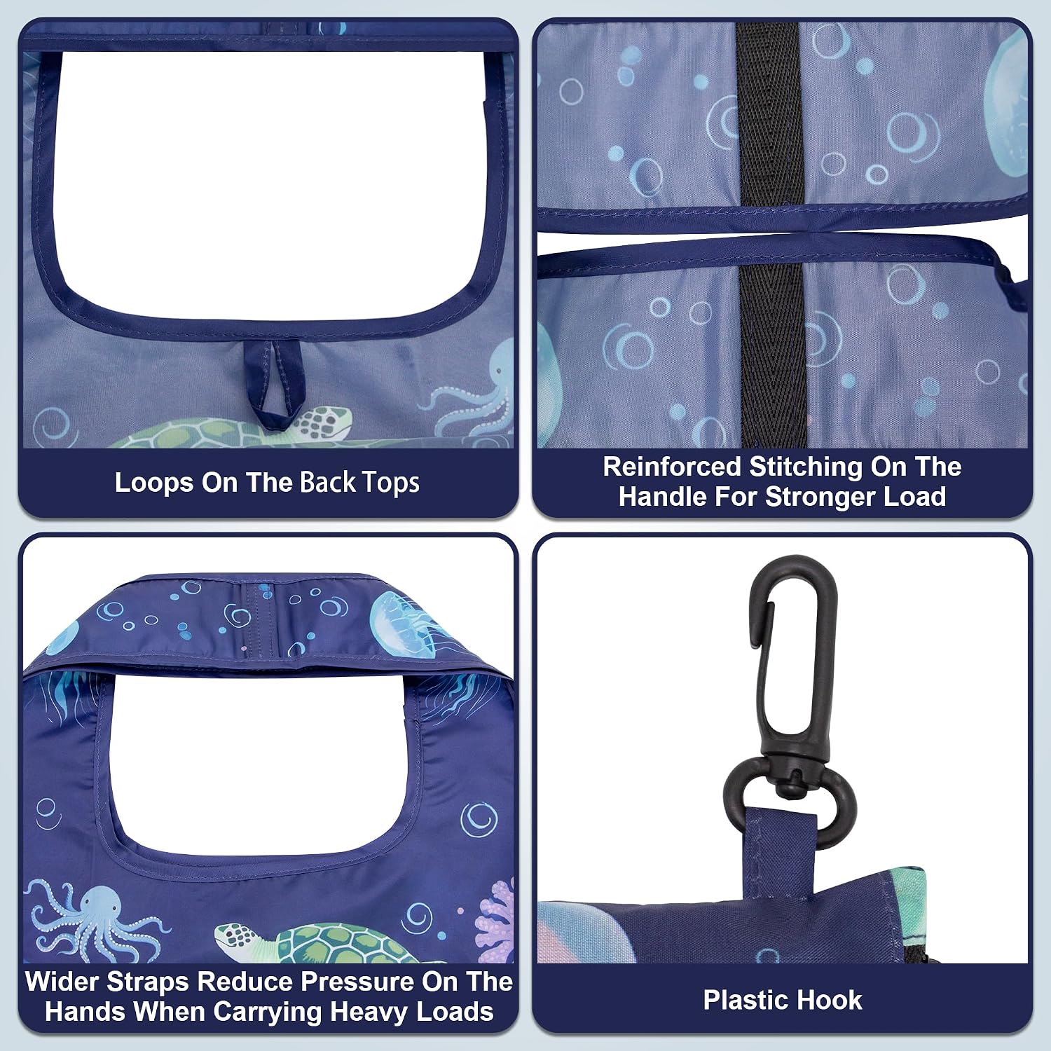 HOLYLUCK Reusable Grocery Bags,Heavy Duty Foldable Shopping Tote Bag (Standard, 3 Blue Geometric Flowers)