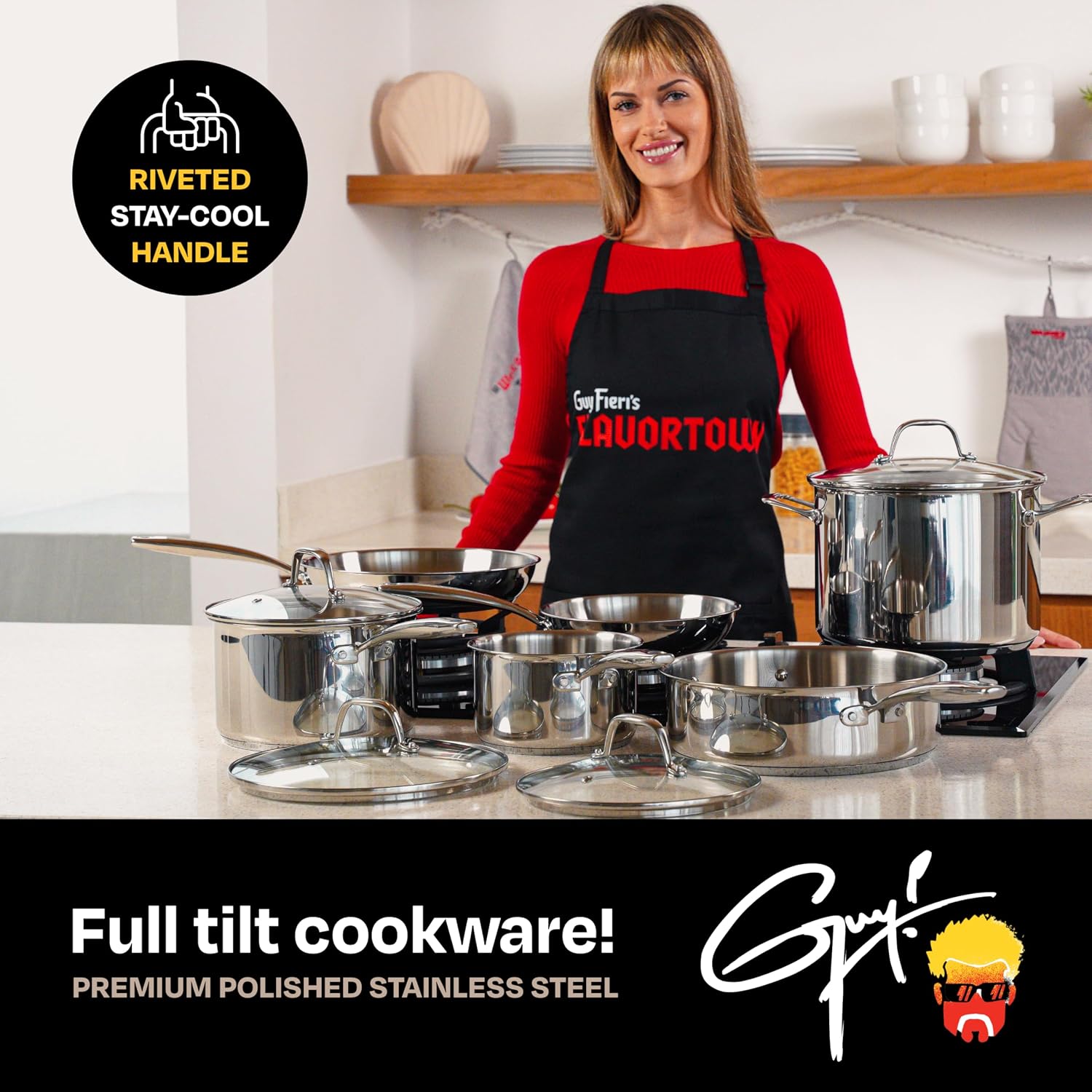 Guy Fieri's Flavortown 10-Piece Stainless Steel Cookware Set | Frying Pans, Saucepans, Saute Pan & Stock Pot, Oven-Safe up to 500F