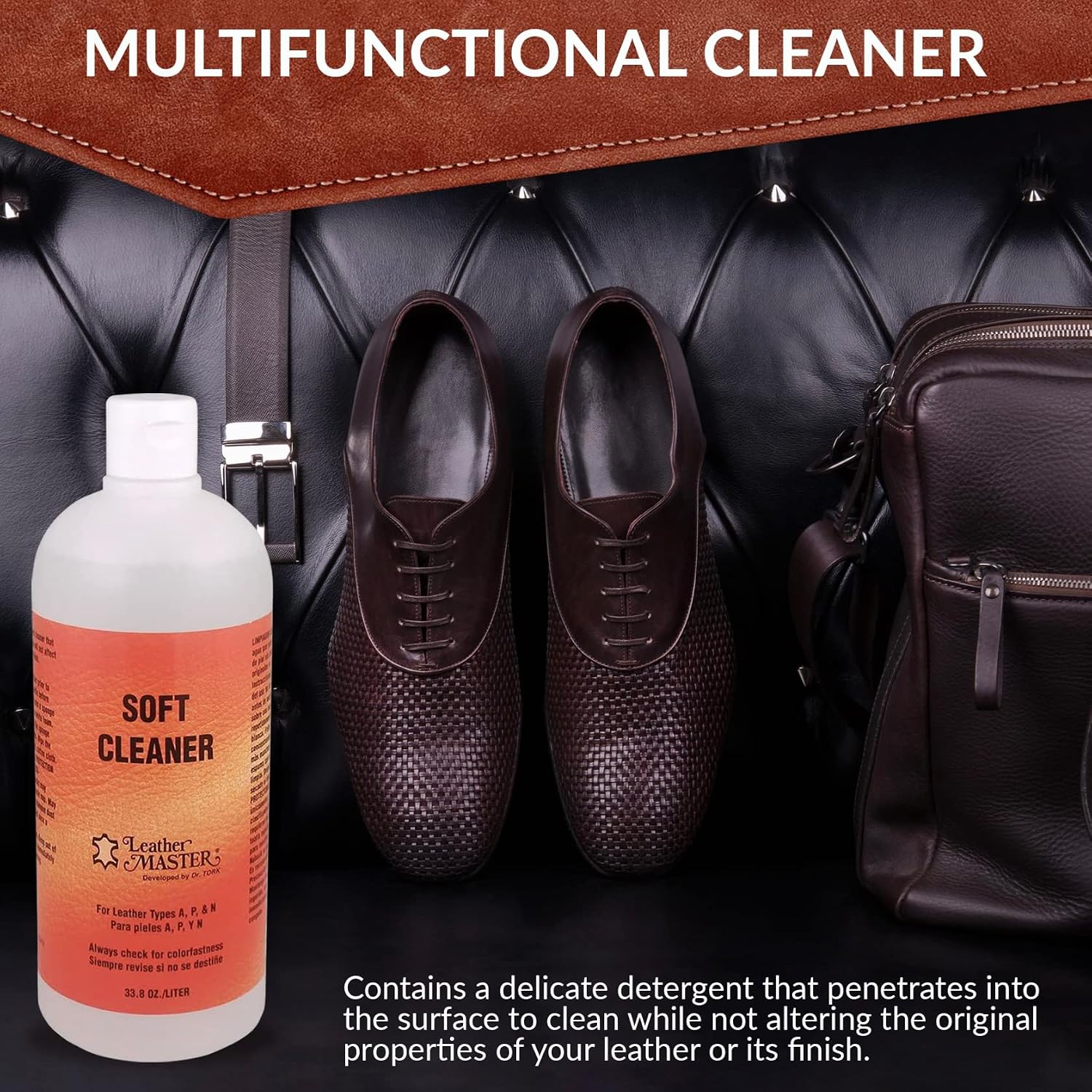 Leather Master Soft Leather Cleaner 33.8 oz/Liter - Soft Leather Cleaner for use of Leather Furniture, Car Interior, Apparel, Boots, Shoes, and Bags.