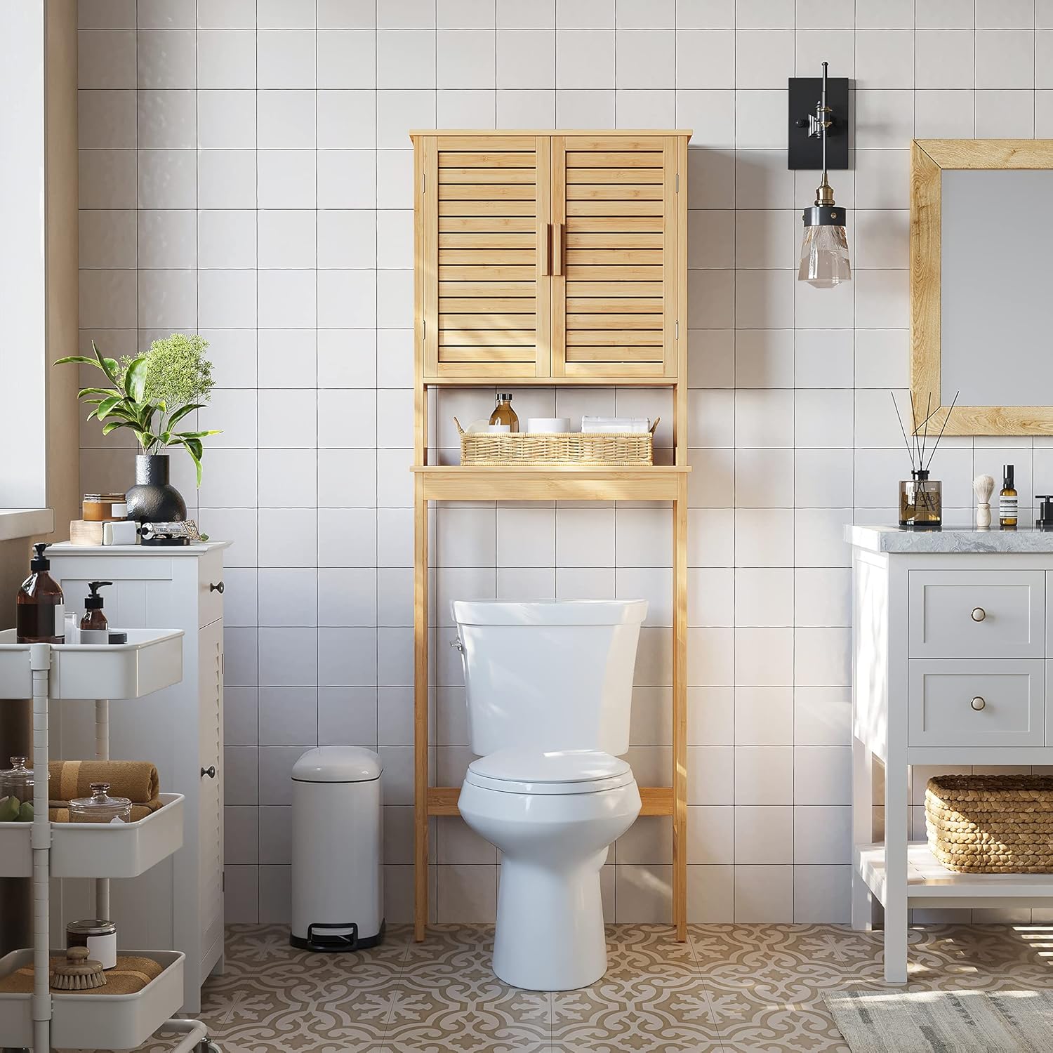 SONGMICS Bamboo Over The Toilet Storage Cabinet, Adjustable Inside Shelf