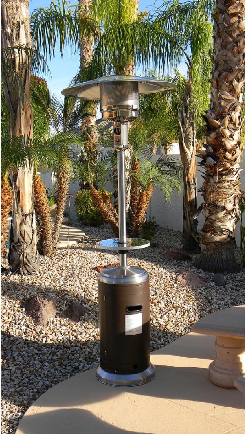 Hiland HLDS01-SSHGT 48,000 BTU Propane Patio Heater with Wheels and Table, Large, Hammered Bronze/SS
