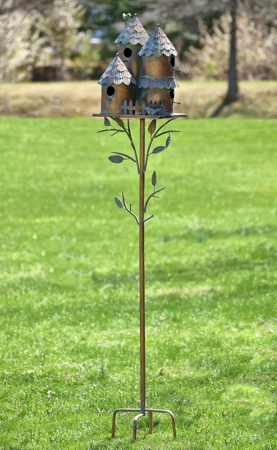 Large Copper Colored Multi-Birdhouse Stakes, Room for 4 Bird Families in Each (Cube Homes with Pyramid Roofs)
