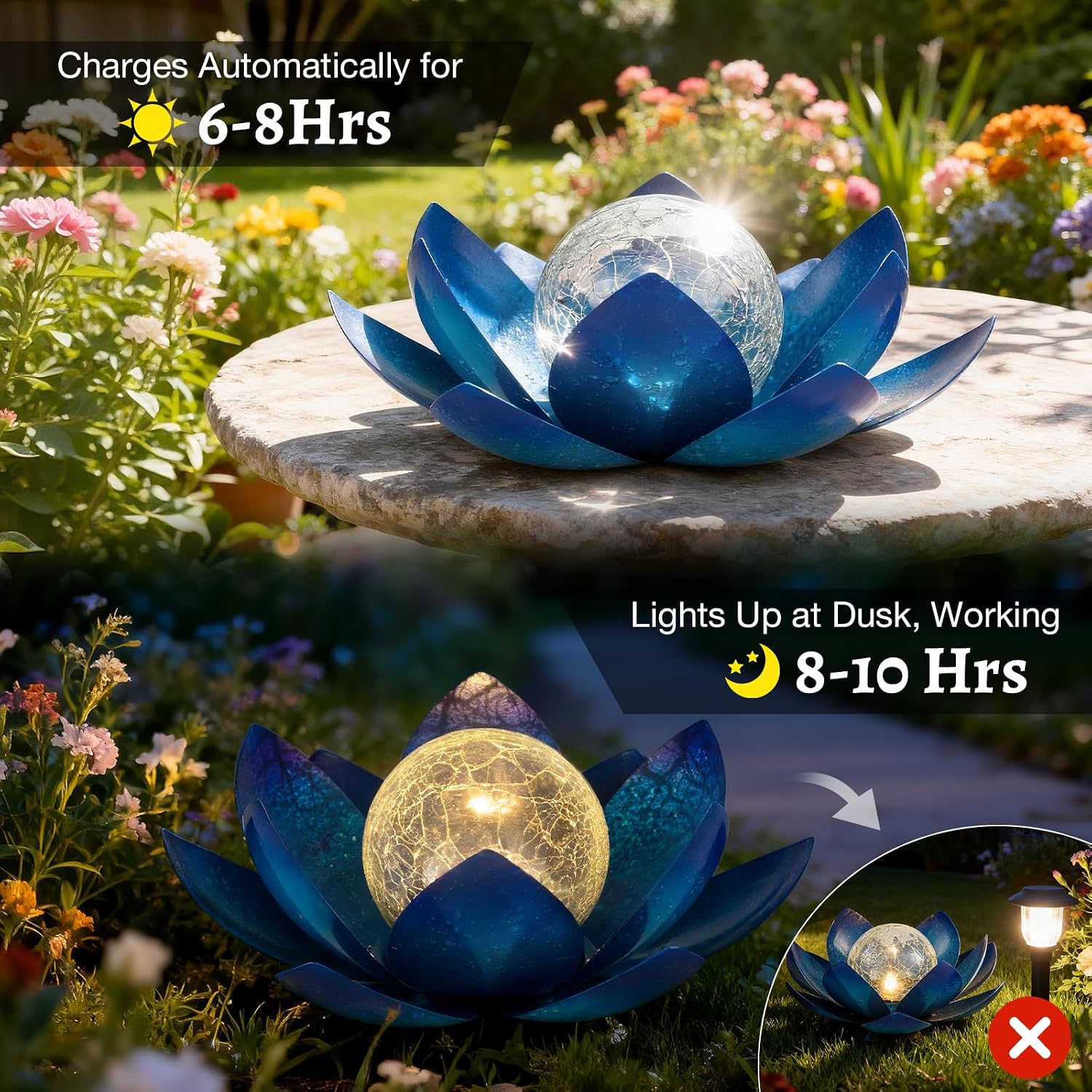 Huaxu Solar Lights Outdoor Garden, Crackle Globe Glass Lotus Decor, Waterproof LED Metal Flower Decorations for Patio,Lawn,Walkway,Tabletop,Ground