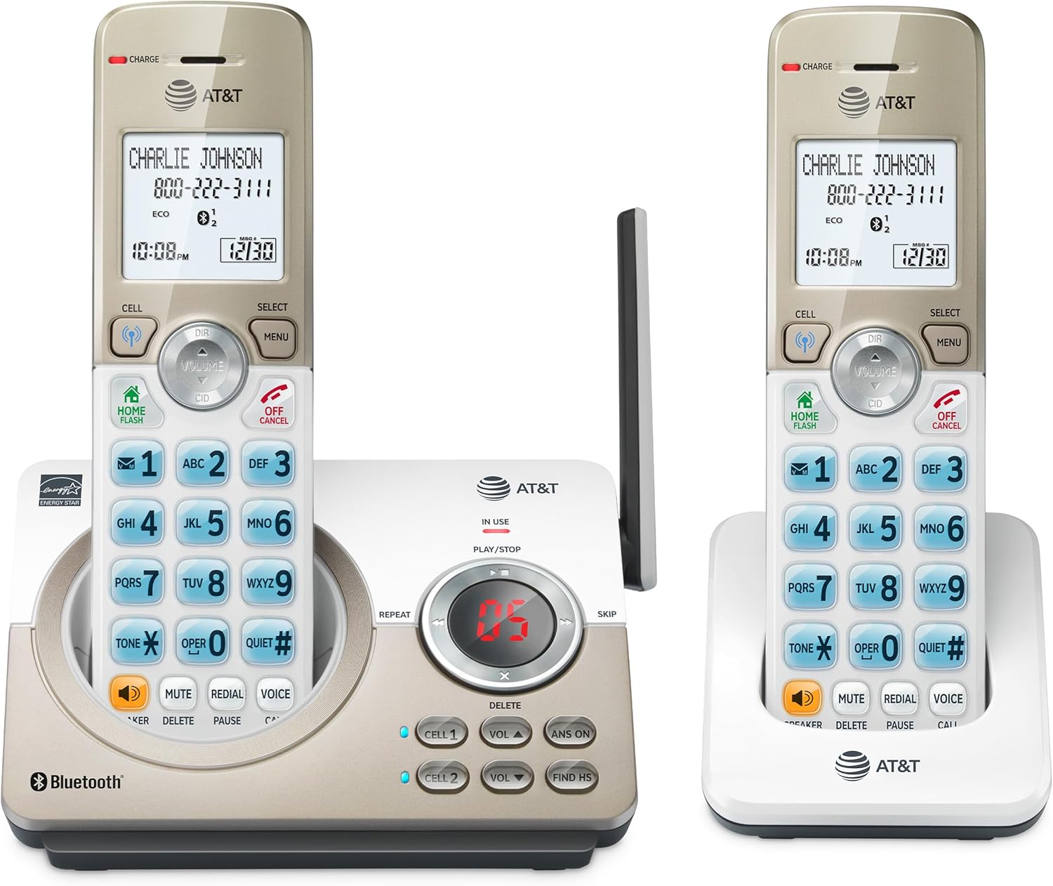 AT&T DL72219 DECT 6.0 2-Handset Cordless Phone for Home with Connect to Cell, Call Blocking, 1.8" Backlit Screen, Big Buttons, intercom