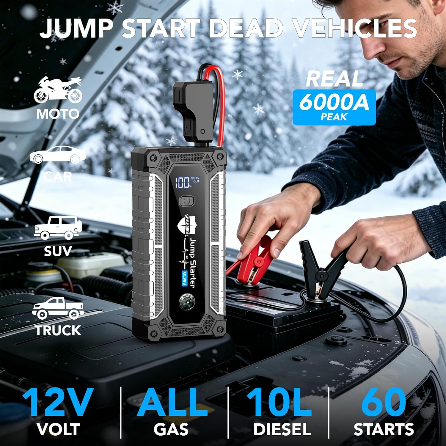 6000A Jump Starter, Portable Jump Starters 12V Car Battery Booster Jump Box Pack for All Gas & 10.0L Diesel Engines with 3 Modes Flashlight and Jumper Cables