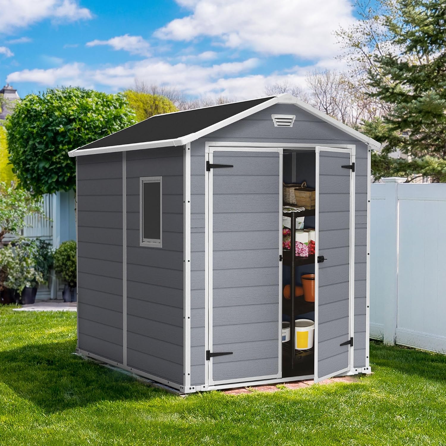 Keter Manor 6x8 Foot All Weather Garden Tool Outdoor Storage Shed with Lockable Double Doors, Fixed Window and Wood-Look Resin Walls