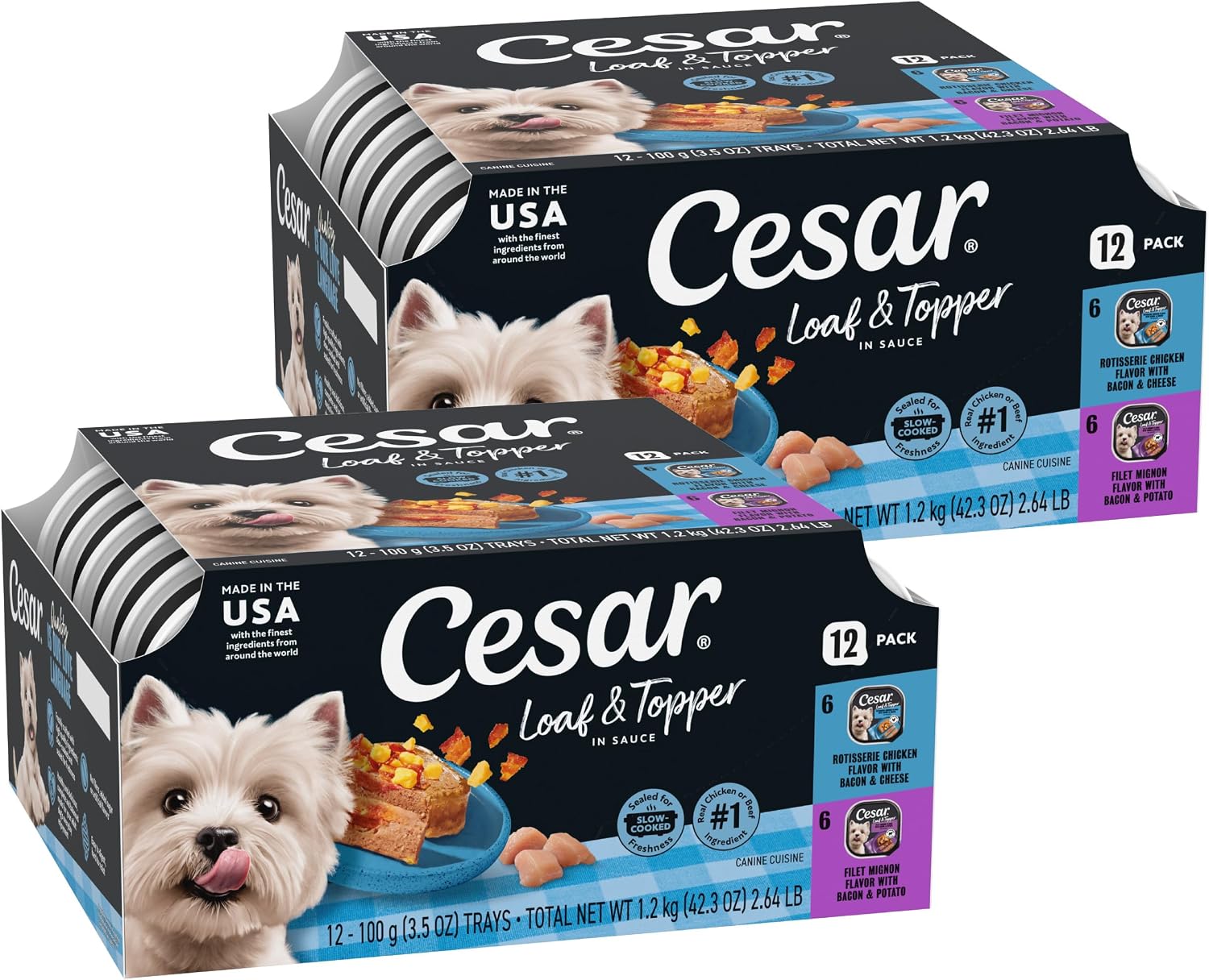Cesar Loaf & Topper Wet Dog Food, Chicken & Filet, 3.5 oz, 12 Count, 2-Pack | Real beef or chicken #1 ingredient, no fillers or added sugar, no artificial flavors, complete & balanced, easy peel trays