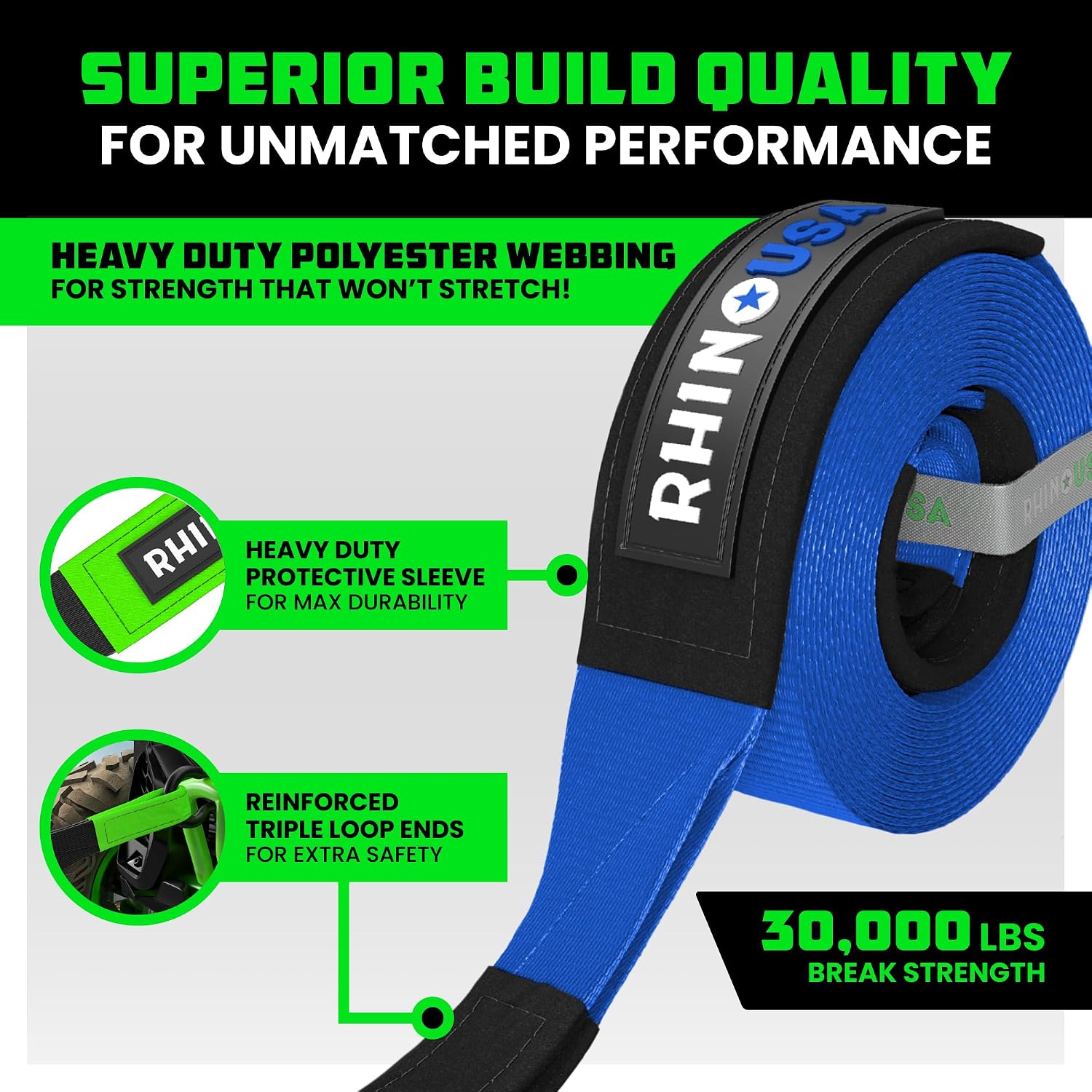 Rhino USA Recovery Tow Strap (3in x 30ft) - 31,518lb Heavy Duty Towing | 31,518lb Break Strength Emergency Tow Strap, Extended 30ft Length. For Truck, UTV, ATV & Jeep Offroad Recovery. Black