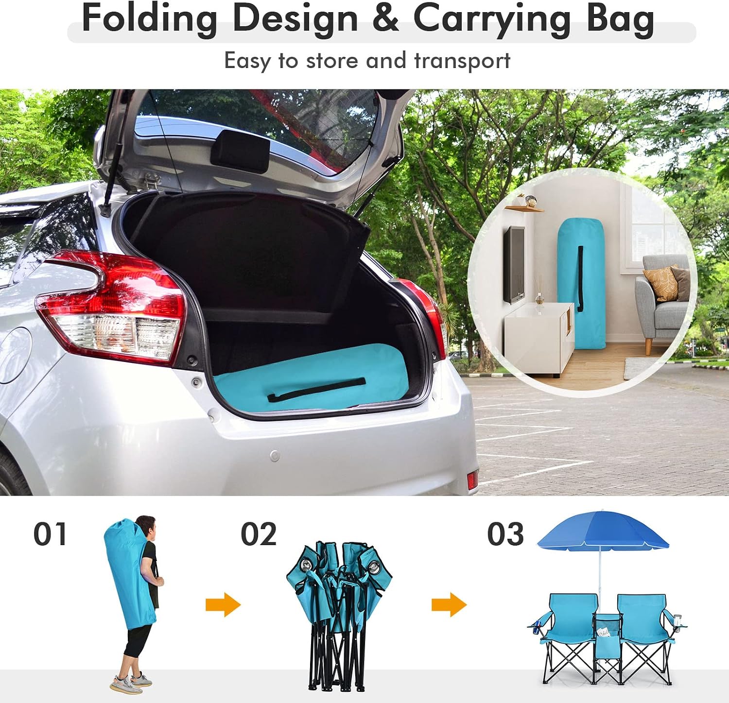 COSTWAY Double Portable Picnic Chairs, Folding Camping Chairs w/Detachable Umbrella, Cooler Bag, Cup Holders, Patio Beach Camping Chairs for Outdoors, Blue | Detachable Umbrella, Cooler Bag, Cup Holders, Patio Beach Camping Chairs for Outdoors, Blue