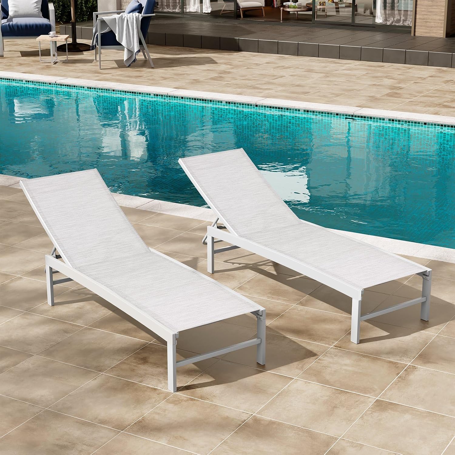 Crestlive Products Outdoor Pool Lounge Chairs Set of 2 with Side Table, Adjustable Five-Position Recliner for Beach, Pool, Sunbathing, Lawn